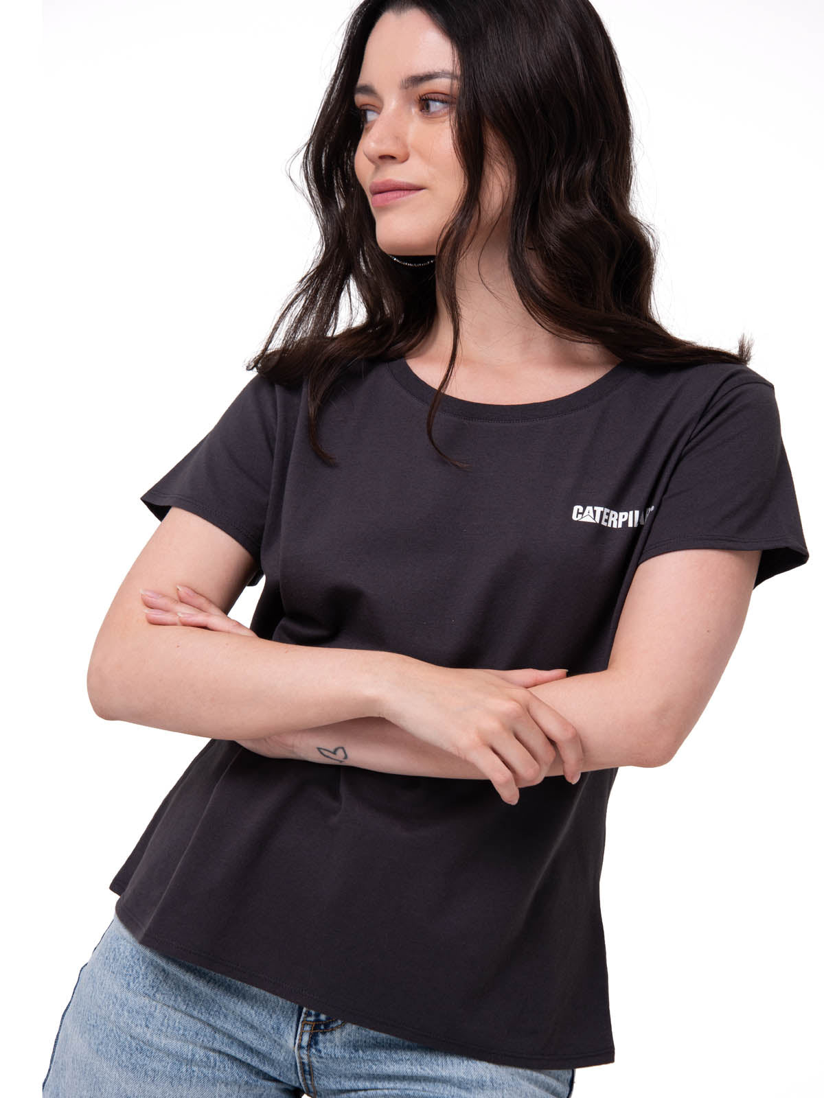 Polera Manga Corta Mujer Logo Caterpillar Gris Oscuro