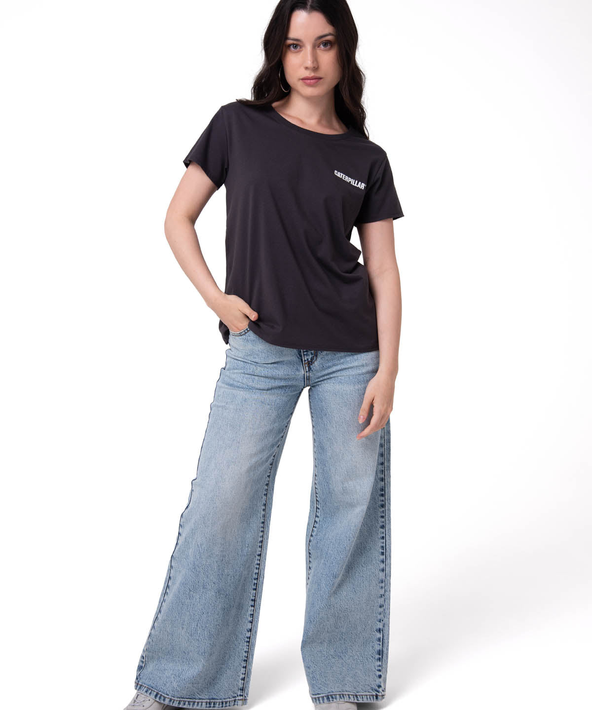 Polera Manga Corta Mujer Logo Caterpillar Gris Oscuro