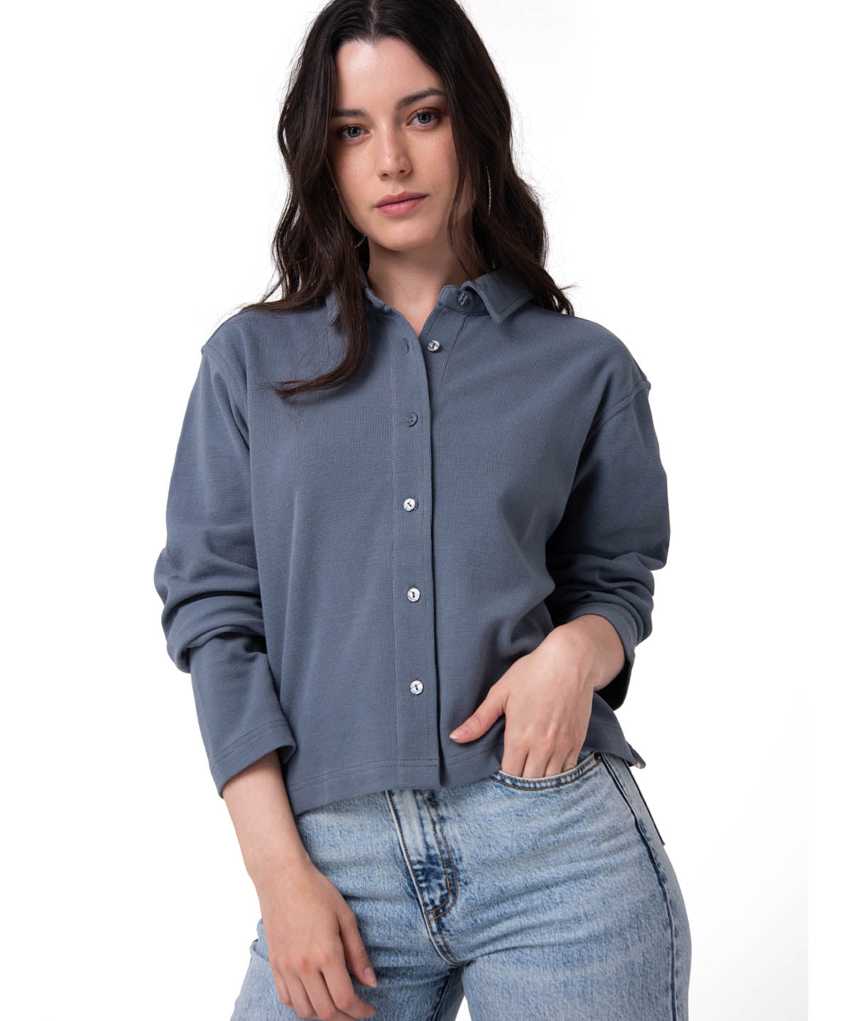 Camisa Manga Larga Mujer Waffle Knit Azul Cat