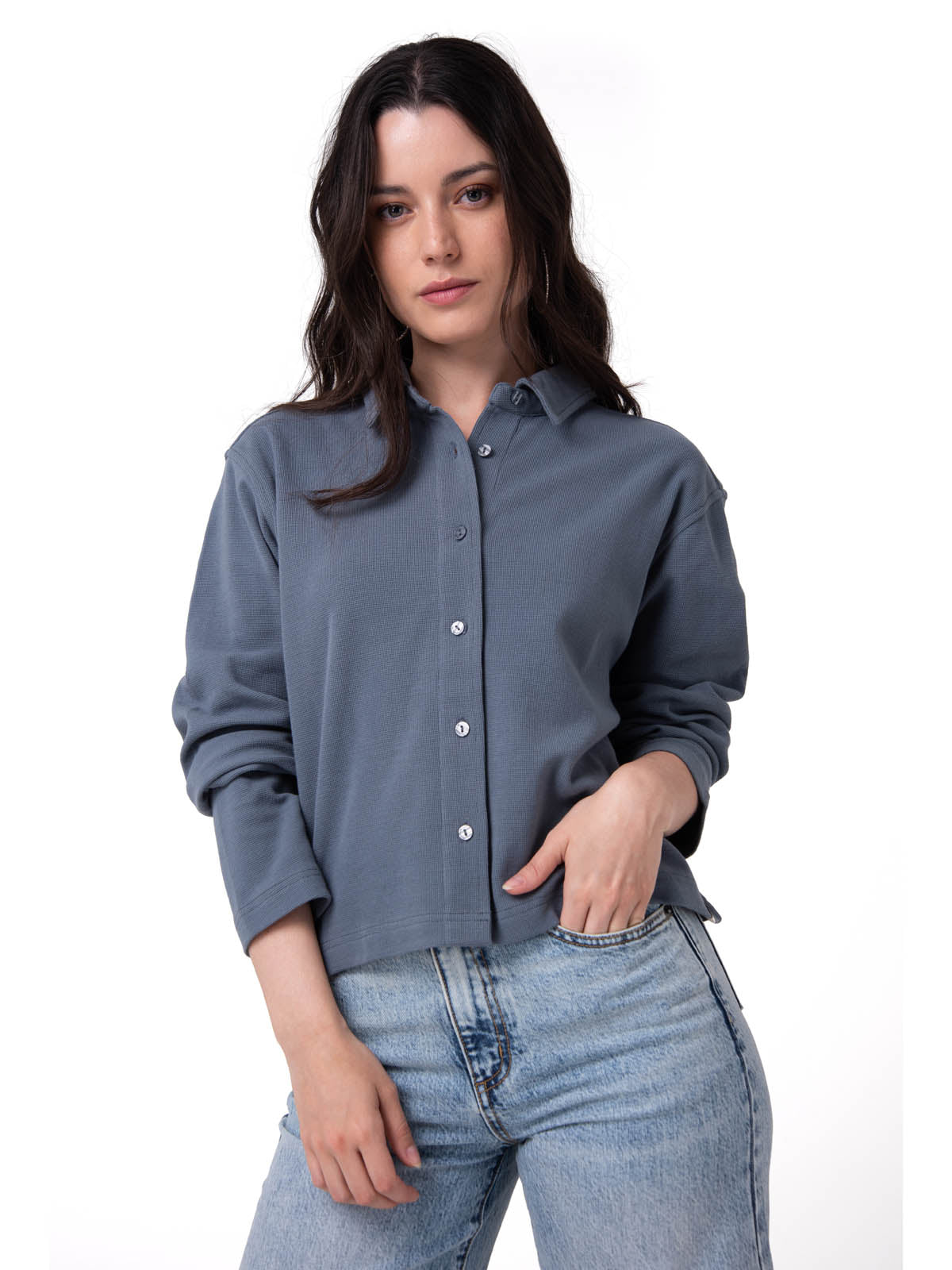 Camisa Manga Larga Mujer Waffle Knit Azul Cat