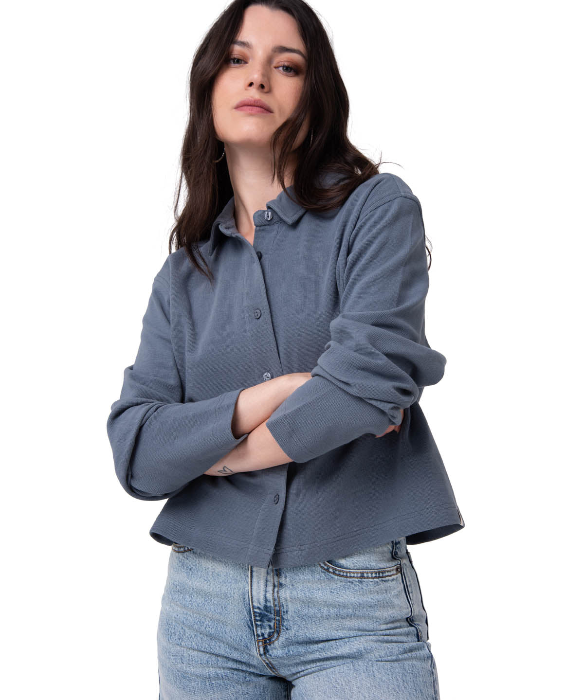 Camisa Manga Larga Mujer Waffle Knit Azul Cat