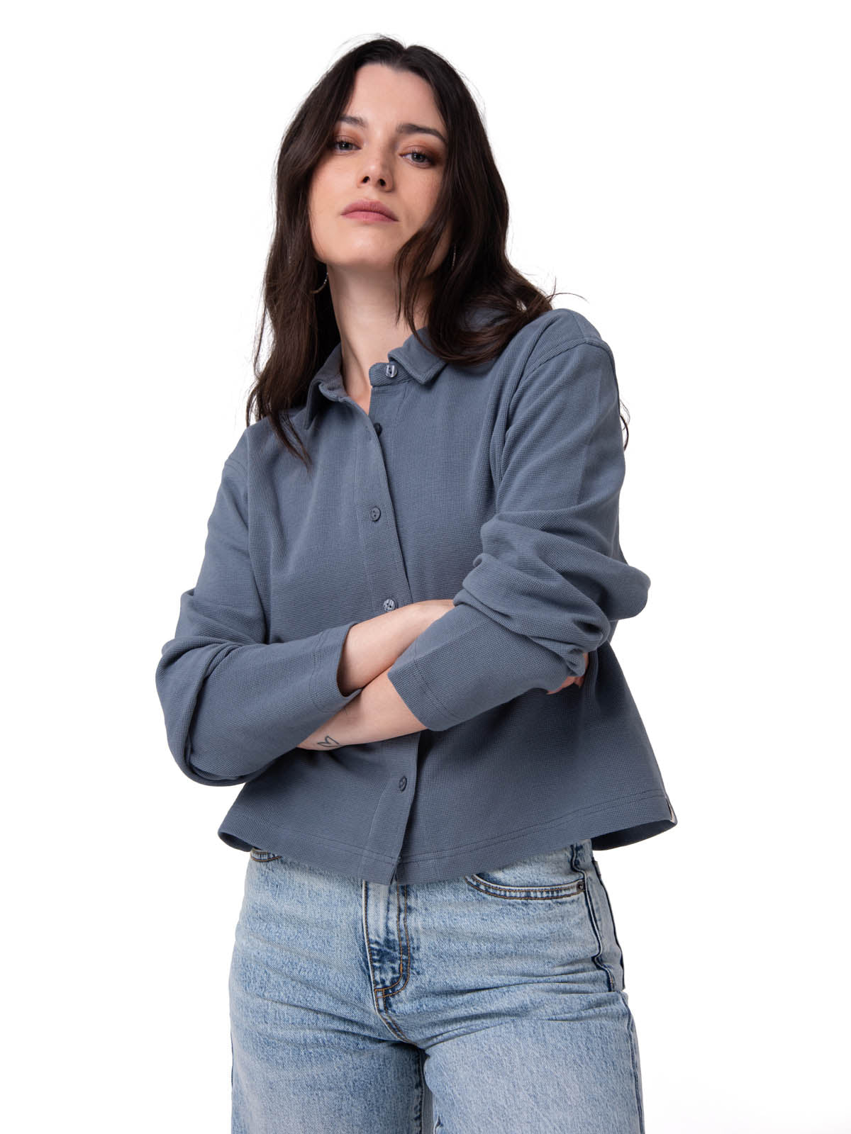 Camisa Manga Larga Mujer Waffle Knit Azul Cat