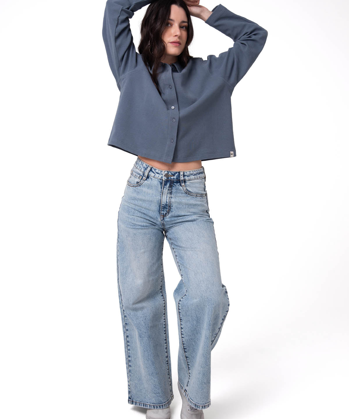 Camisa Manga Larga Mujer Waffle Knit Azul Cat