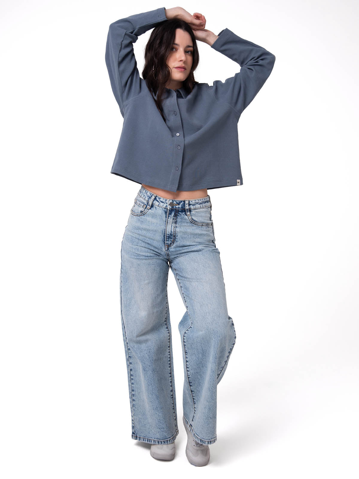 Camisa Manga Larga Mujer Waffle Knit Azul Cat