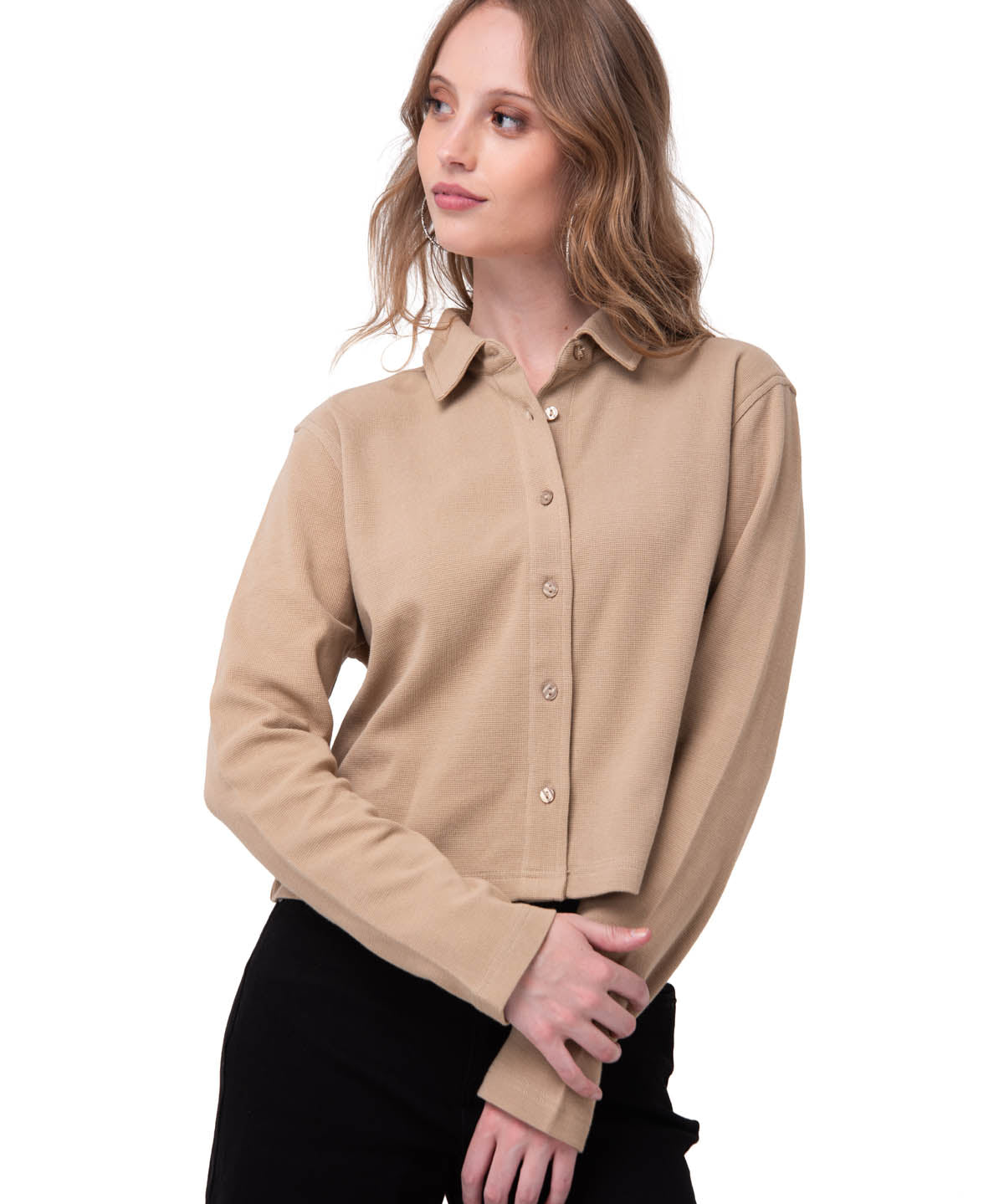 Camisa Manga Larga Mujer Waffle Knit Beige Cat