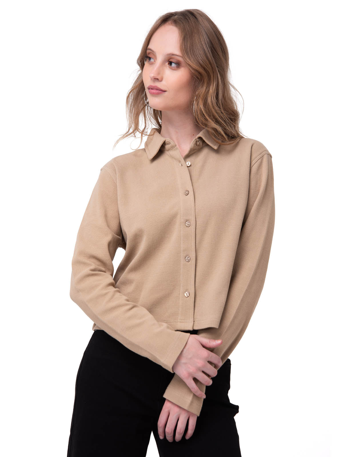 Camisa Manga Larga Mujer Waffle Knit Beige Cat
