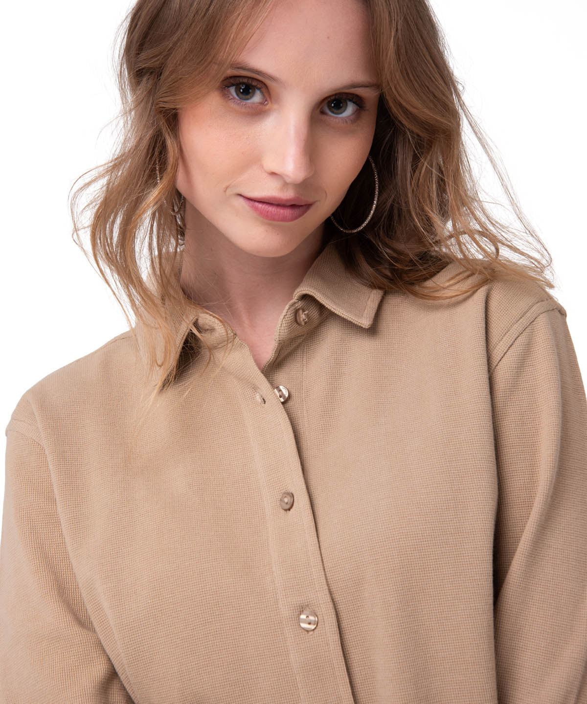 Camisa Manga Larga Mujer Waffle Knit Beige Cat