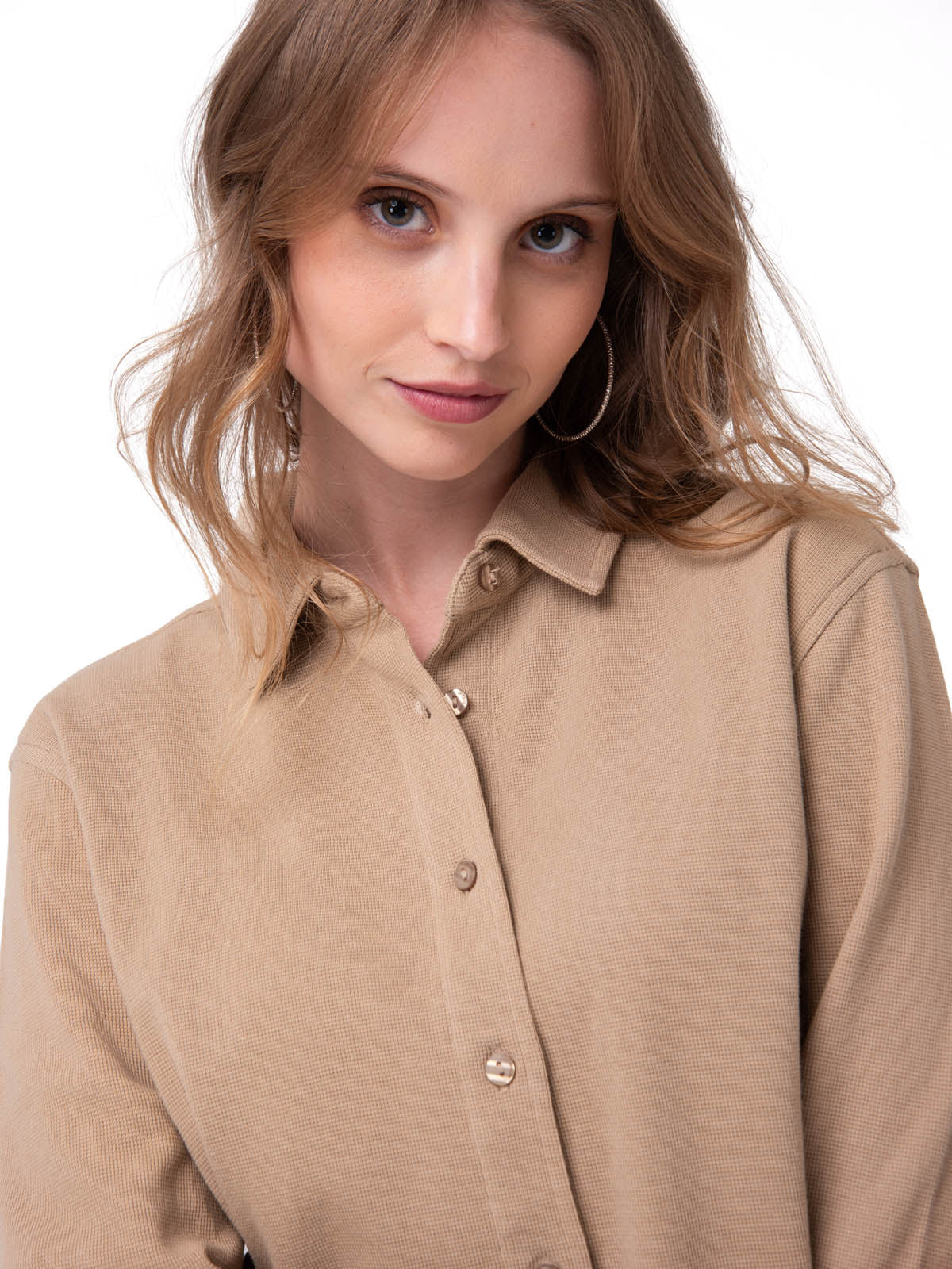 Camisa Manga Larga Mujer Waffle Knit Beige Cat