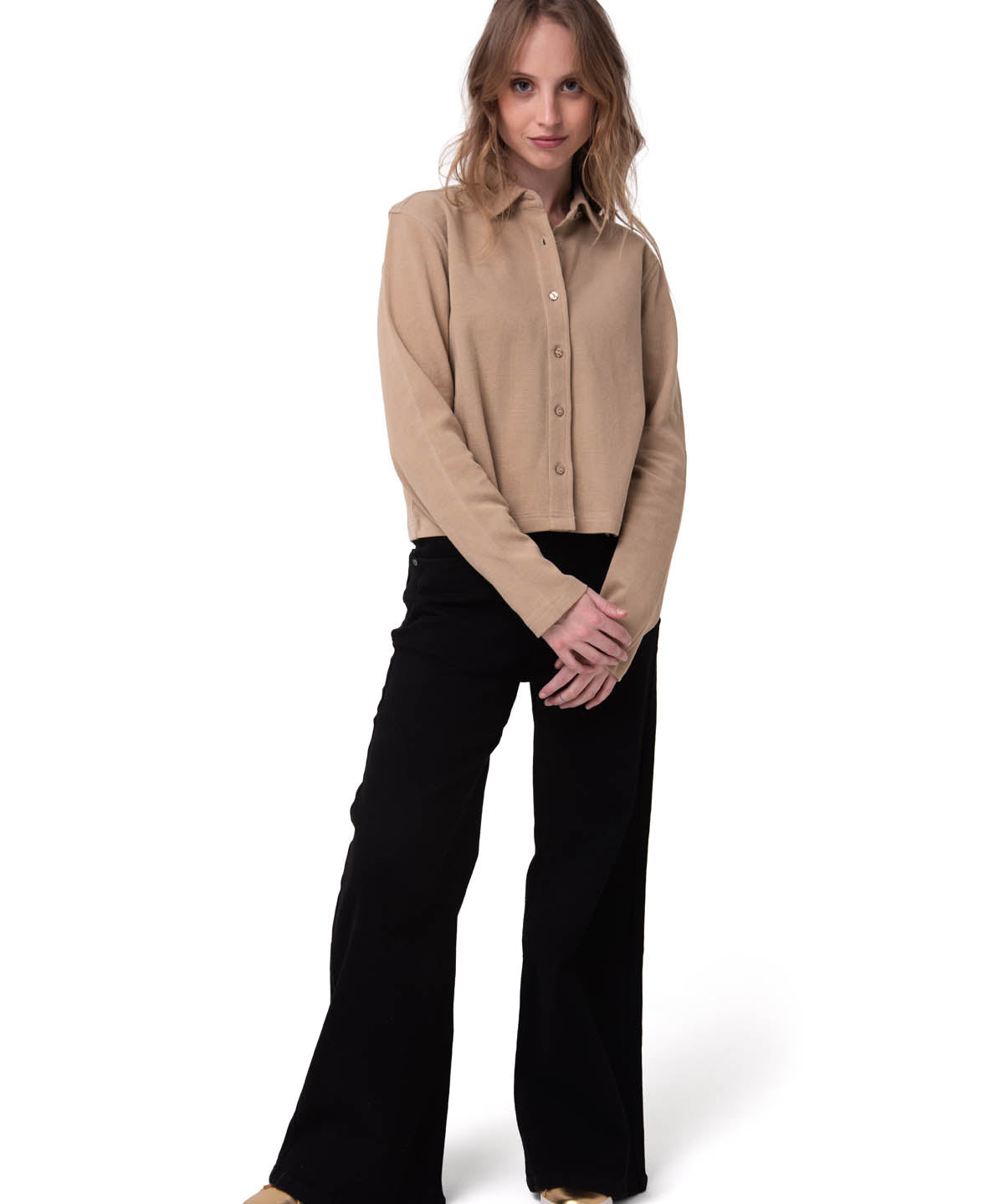 Camisa Manga Larga Mujer Waffle Knit Beige Cat