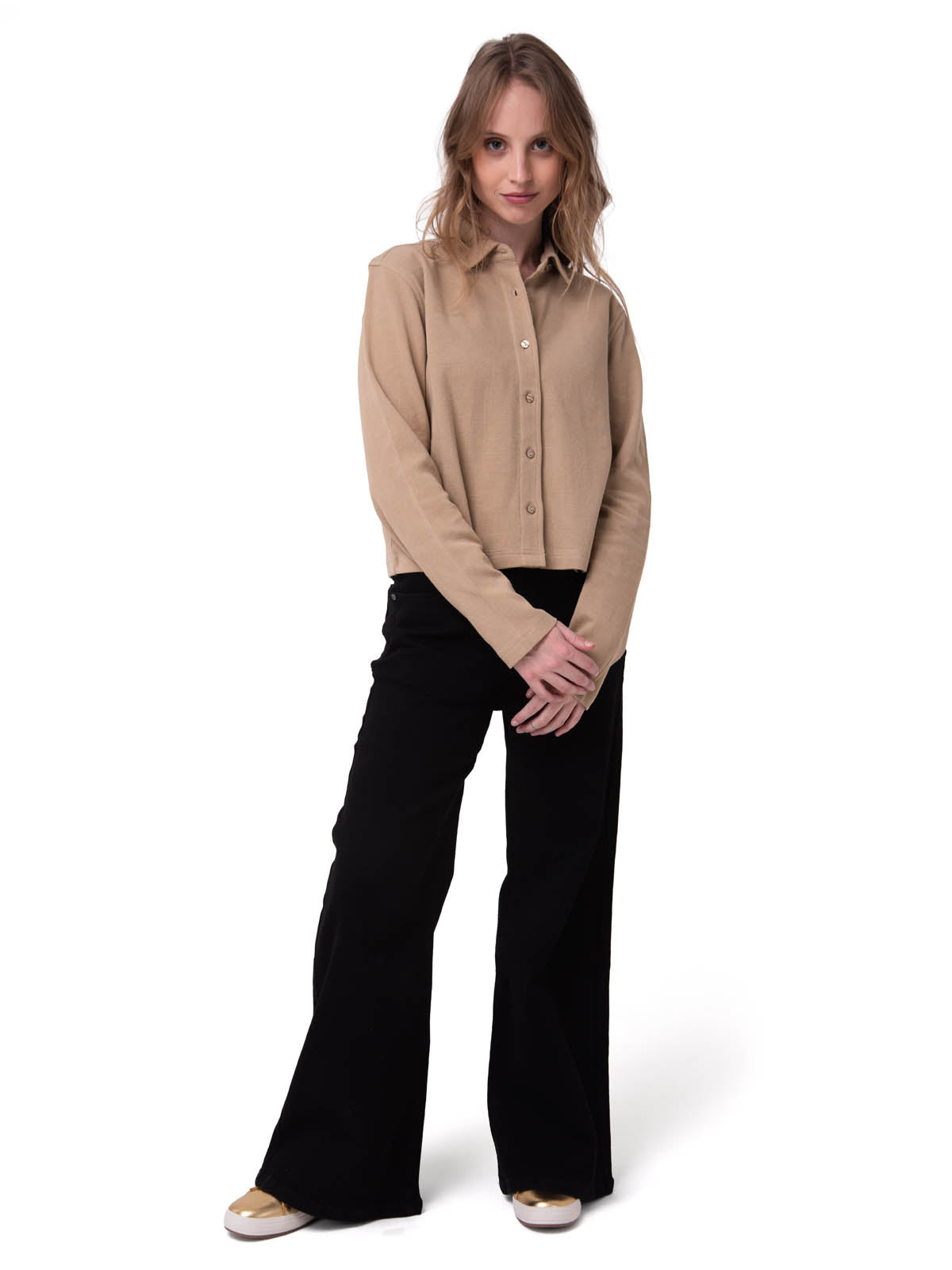 Camisa Manga Larga Mujer Waffle Knit Beige Cat