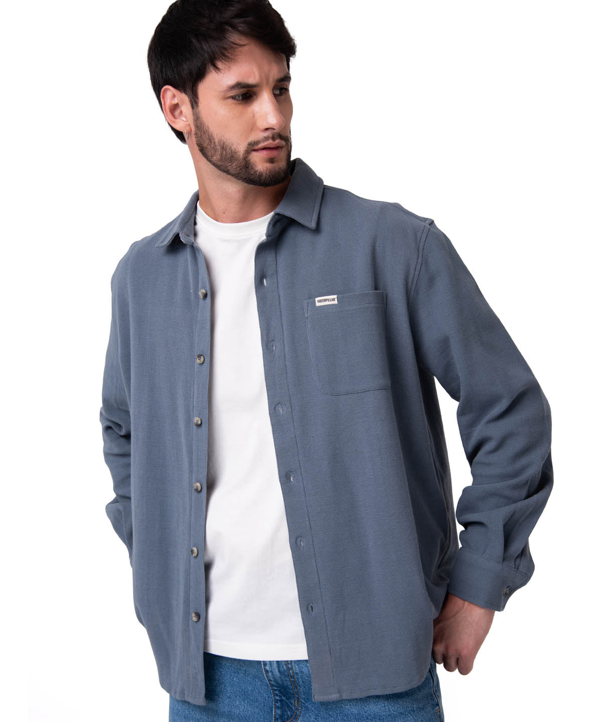 Camisa Manga Larga Hombre Waffle Knit Azul Cat