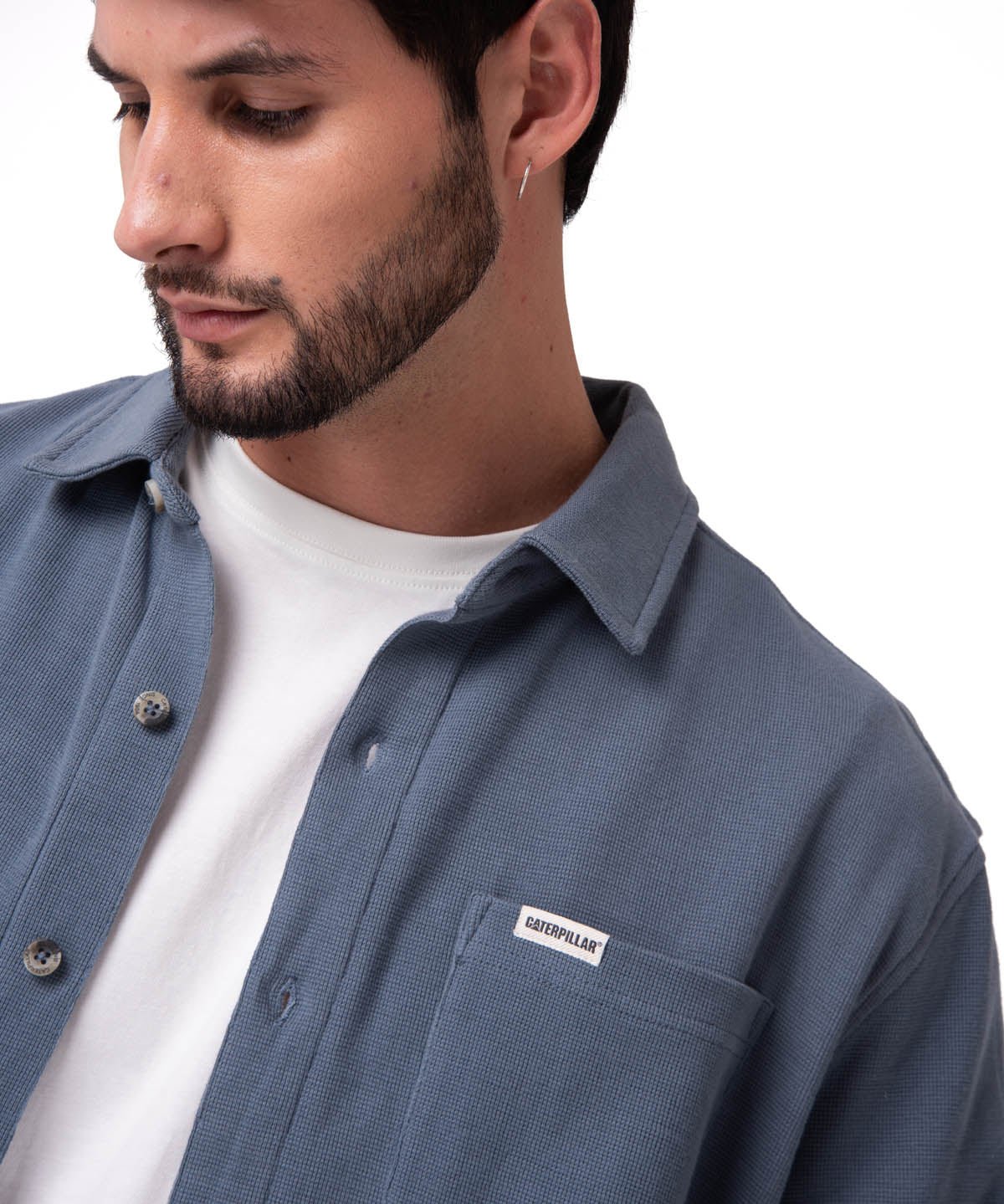 Camisa Manga Larga Hombre Waffle Knit Azul Cat