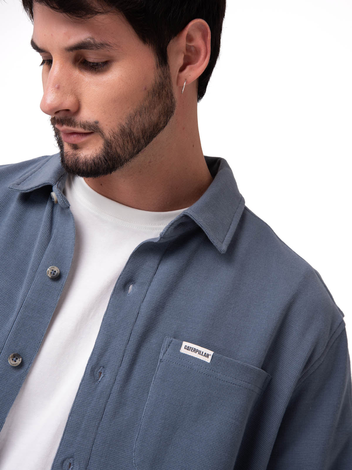 Camisa Manga Larga Hombre Waffle Knit Azul Cat