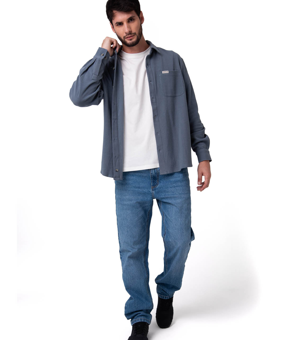 Camisa Manga Larga Hombre Waffle Knit Azul Cat