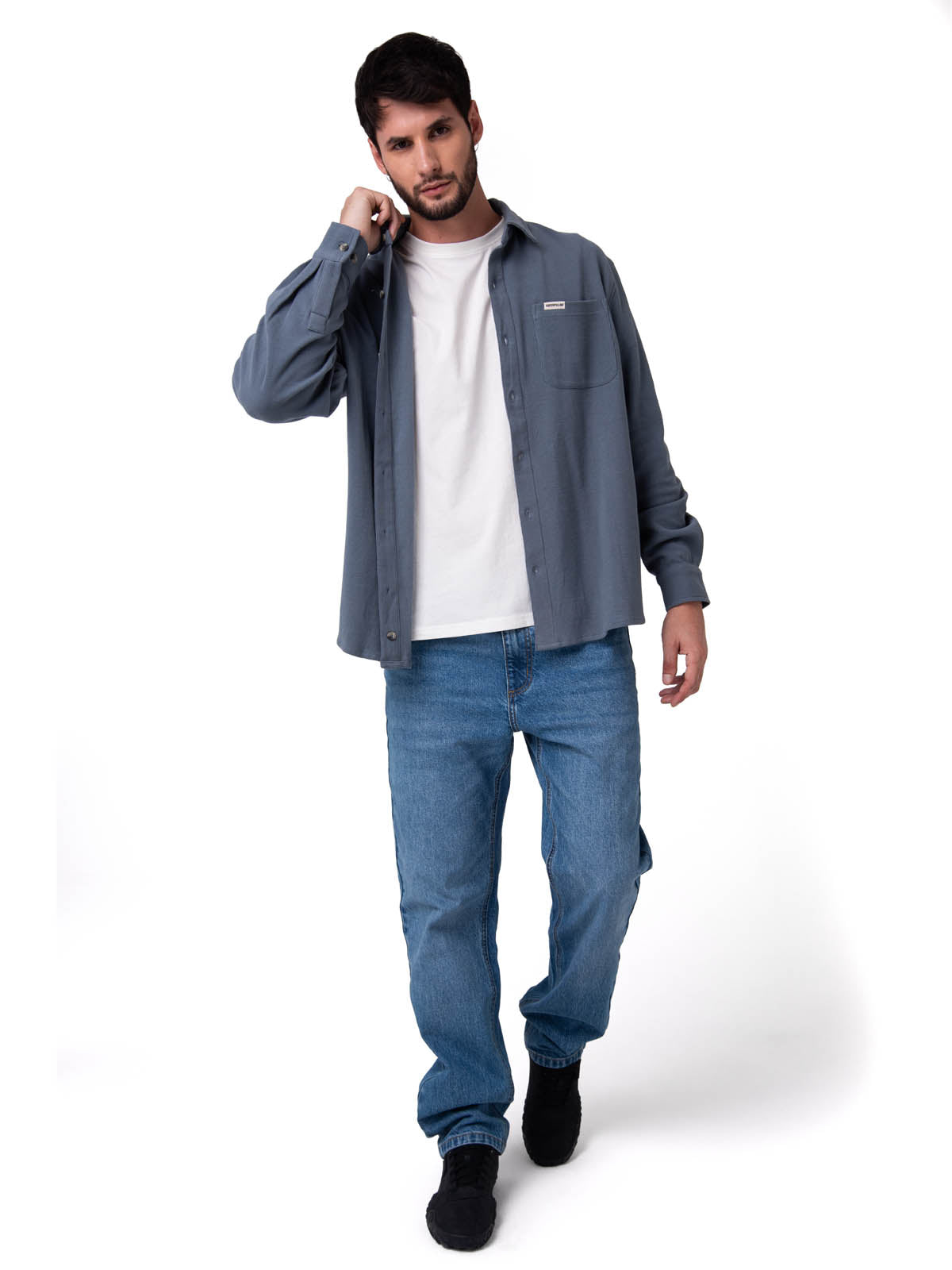 Camisa Manga Larga Hombre Waffle Knit Azul Cat