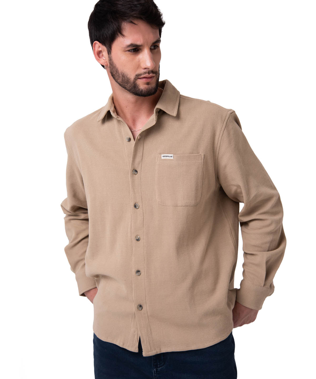 Camisa Manga Larga Hombre Waffle Knit Beige Cat