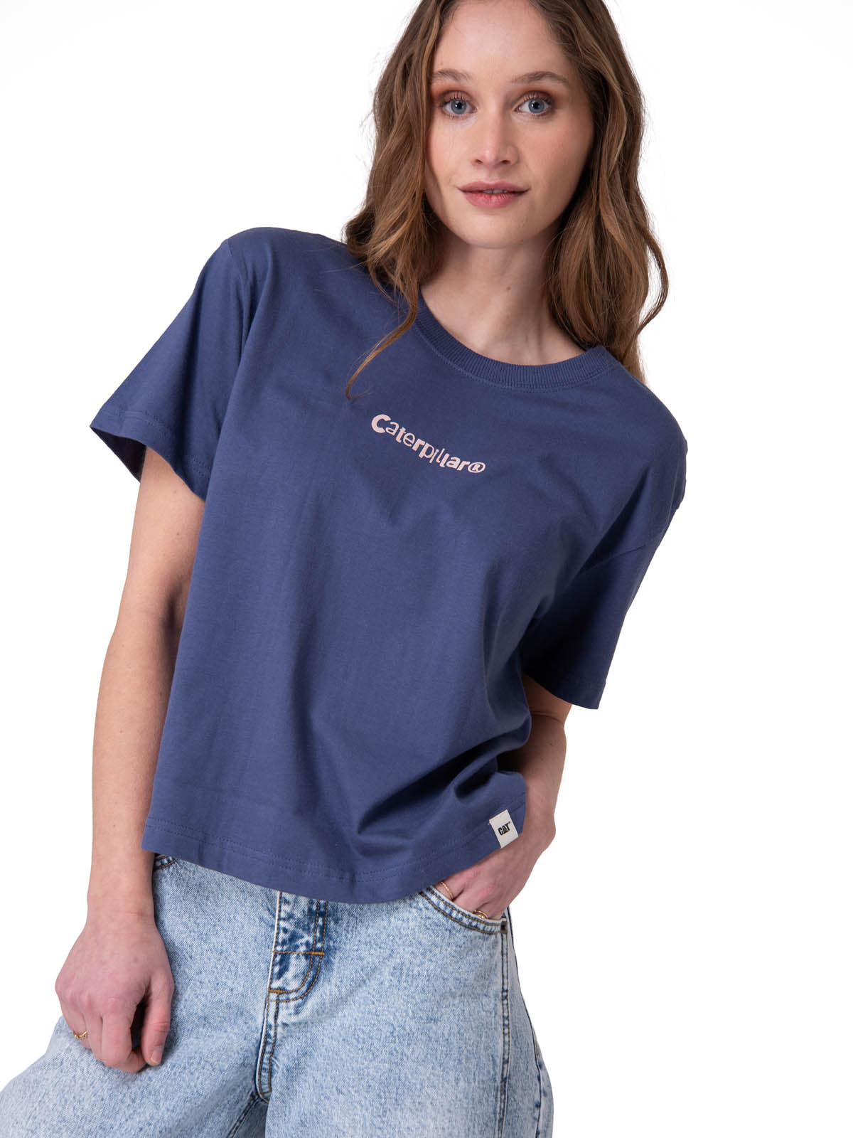 Polera Manga Corta Mujer Boxy Caterpillar Gra Azul