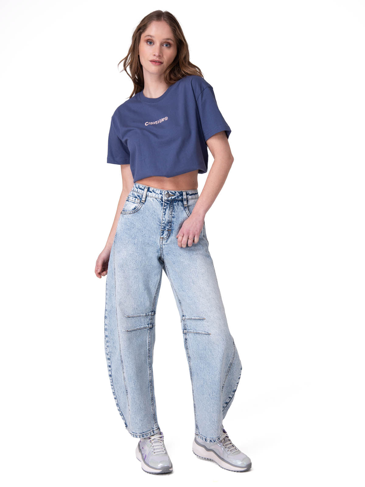 Polera Manga Corta Mujer Boxy Caterpillar Gra Azul