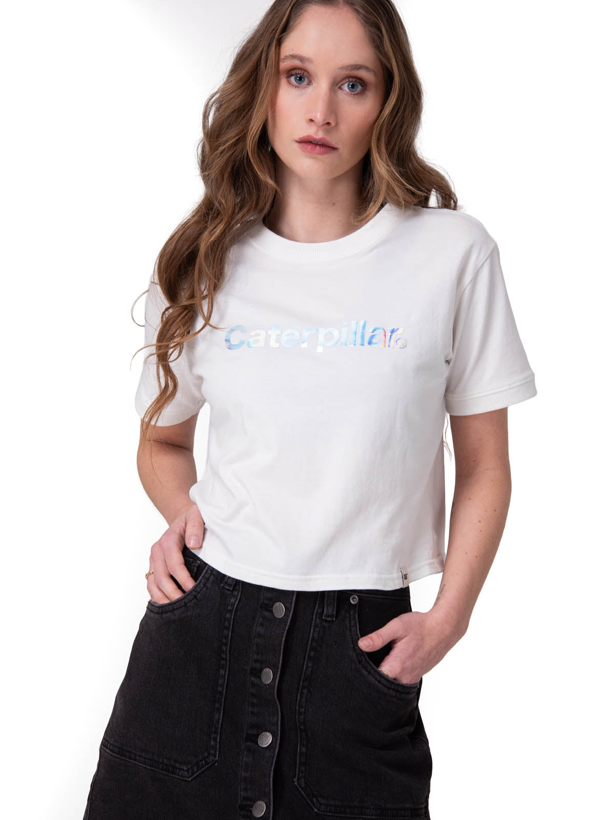 Polera Manga Corta Mujer Crop Metallic Graphi Blanco