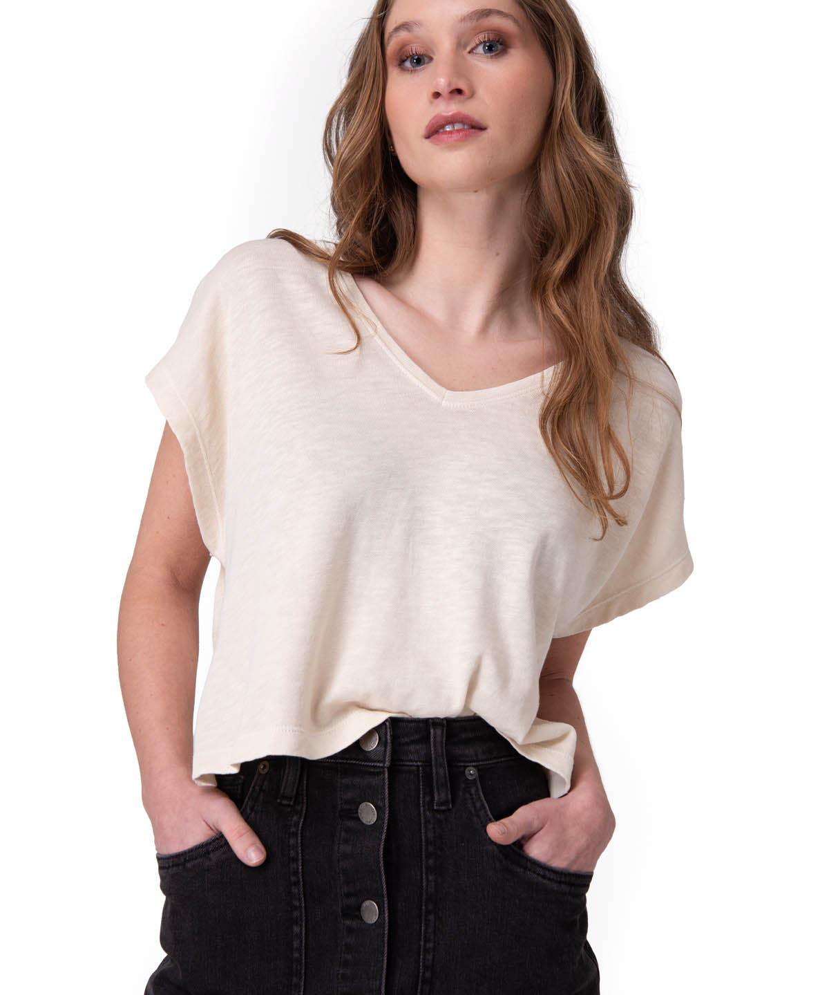 Polera Manga Corta Mujer Slub Deep V-Nec Rosado
