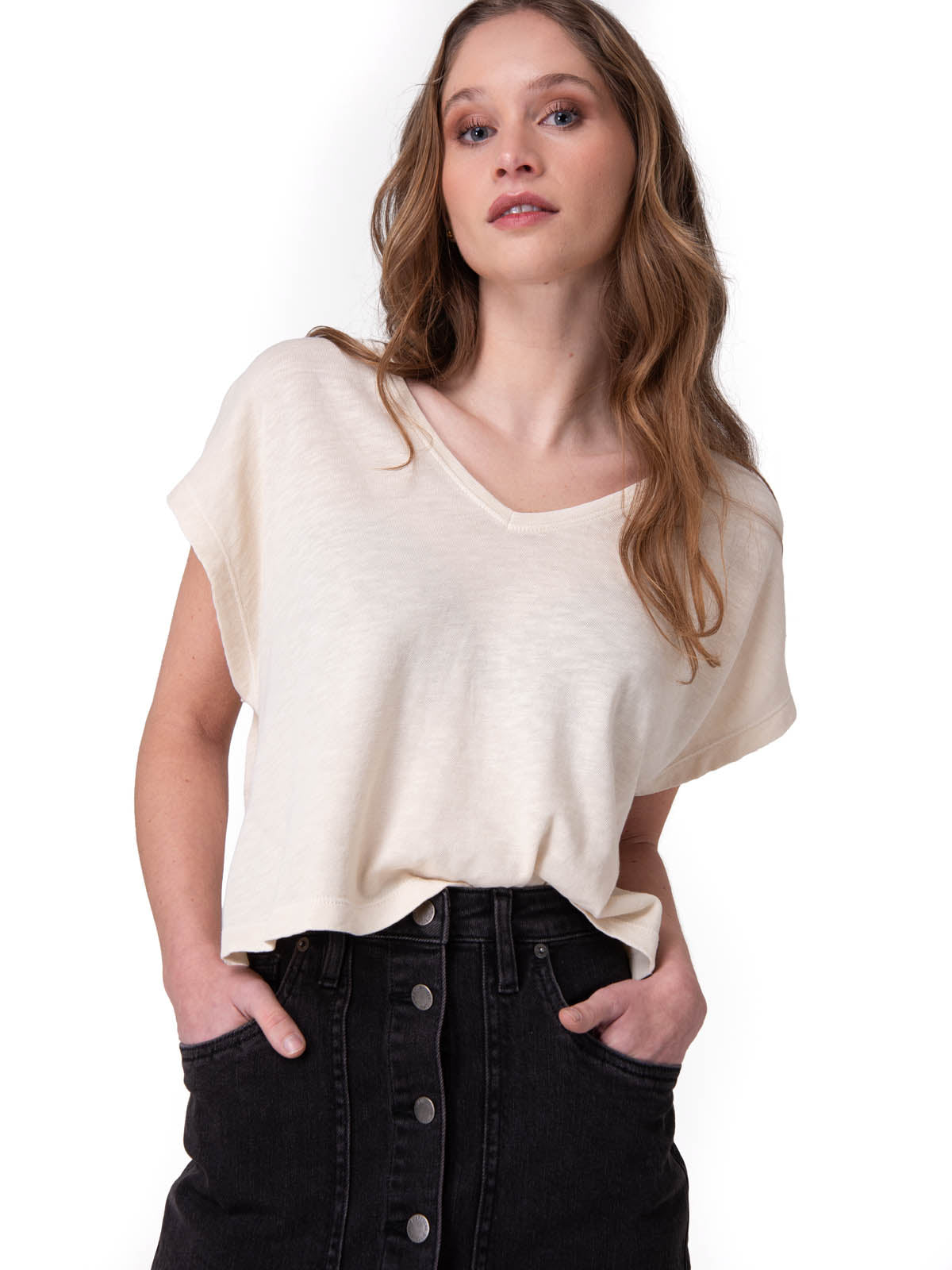 Polera Manga Corta Mujer Slub Deep V-Nec Rosado