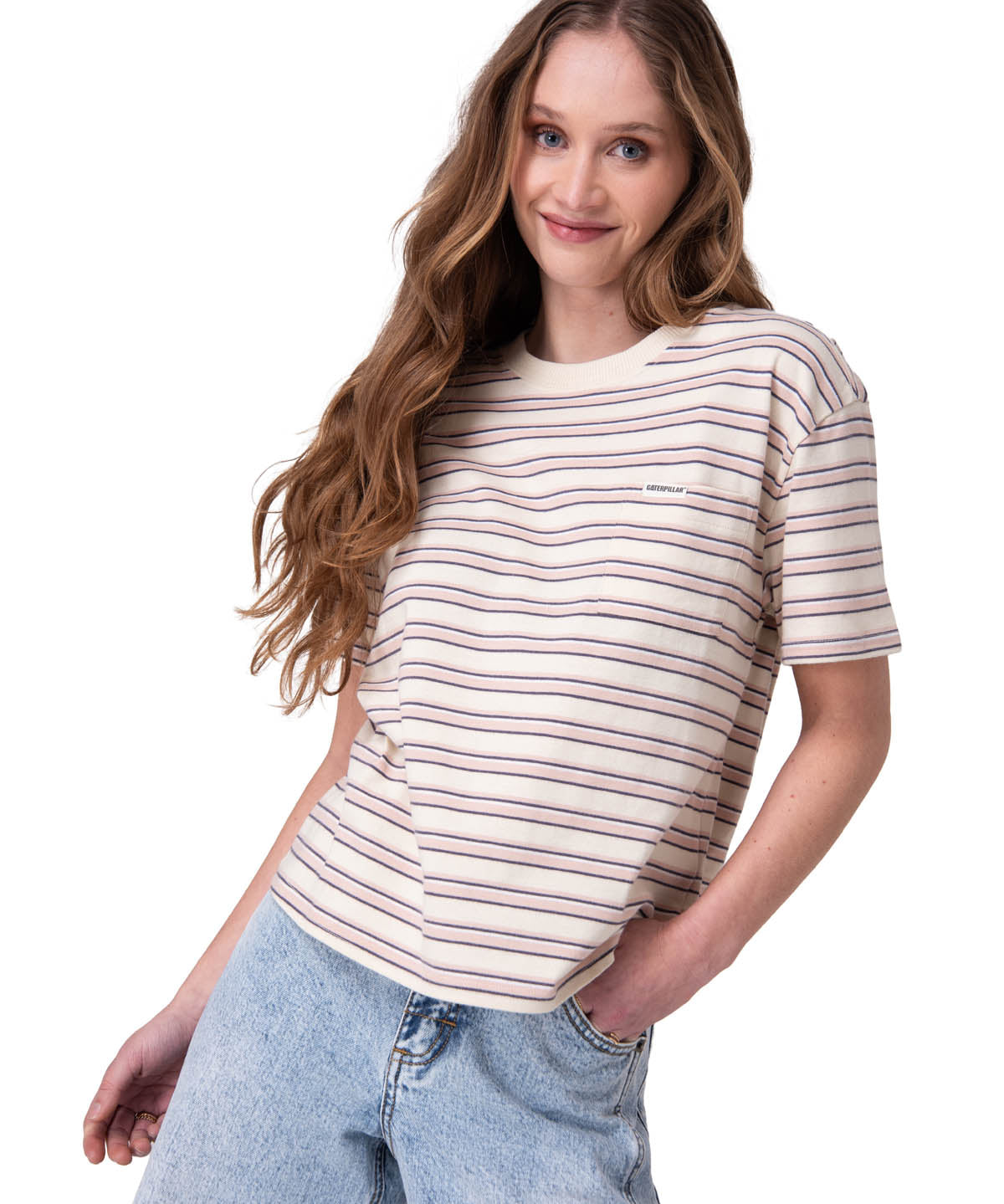 Polera Manga Corta Mujer Boxy Stripe Pocket Blanco