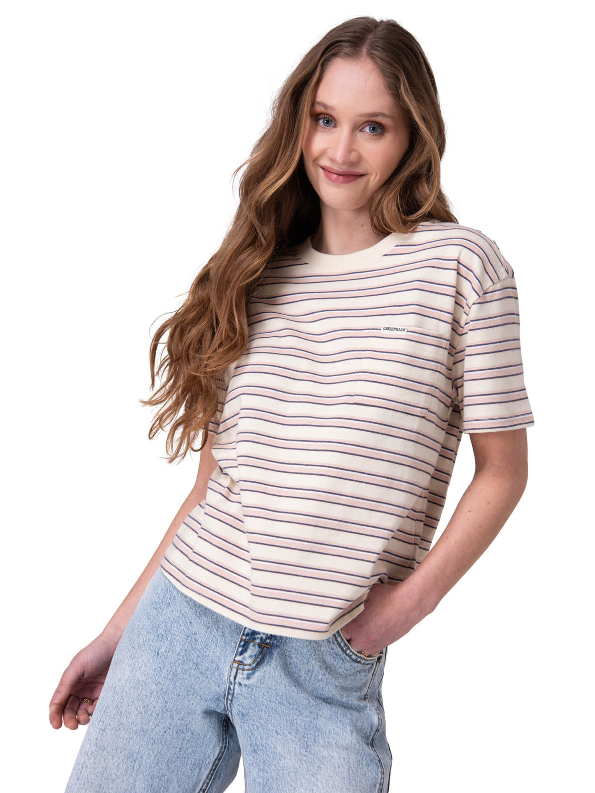 Polera Manga Corta Mujer Boxy Stripe Pocket Blanco