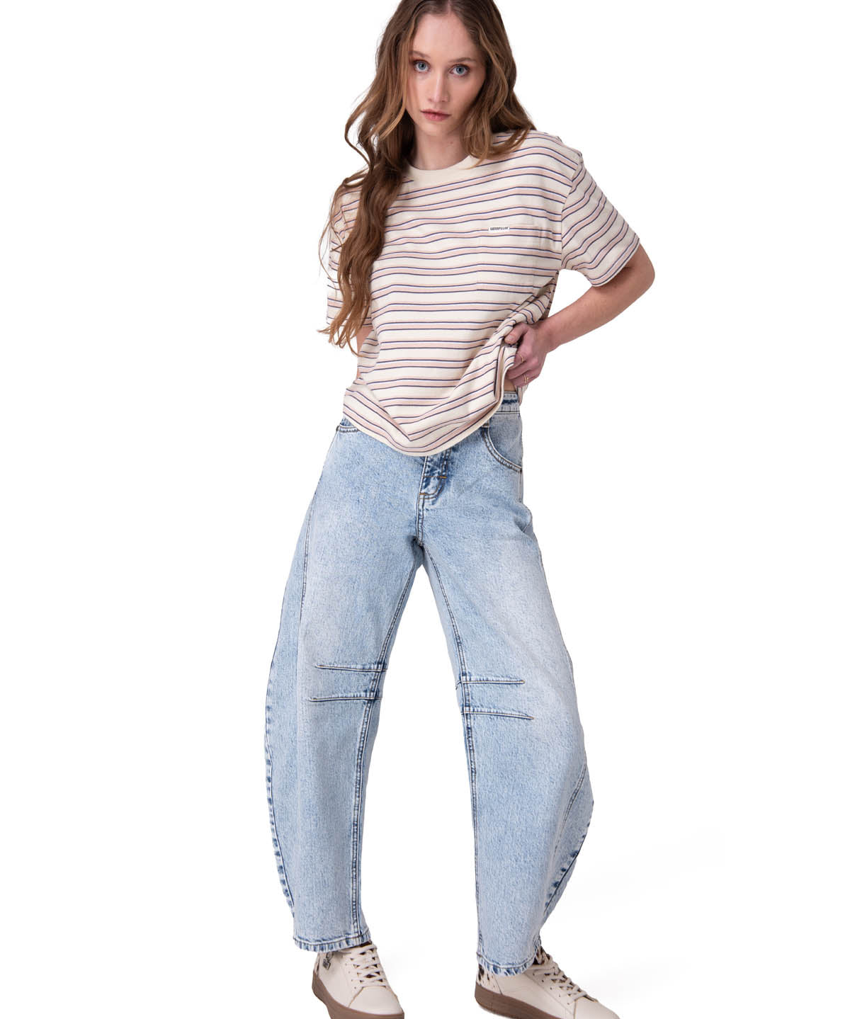 Polera Manga Corta Mujer Boxy Stripe Pocket Blanco