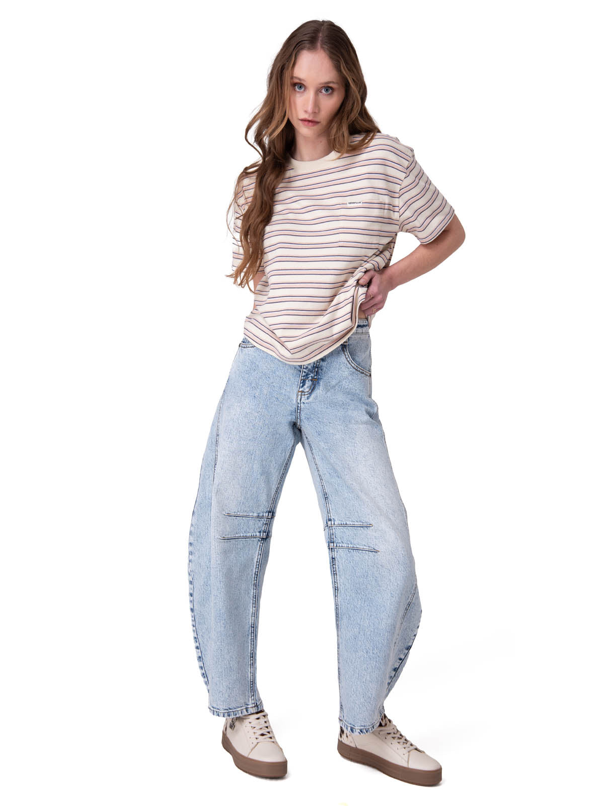 Polera Manga Corta Mujer Boxy Stripe Pocket Blanco