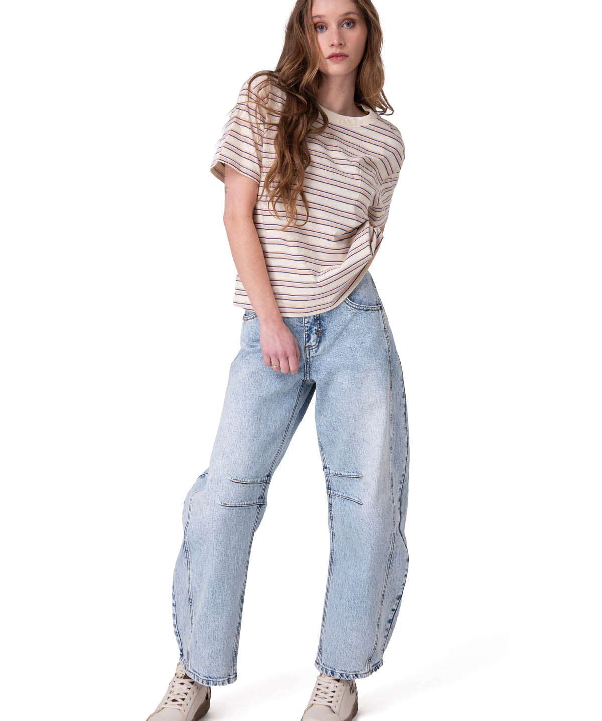 Polera Manga Corta Mujer Boxy Stripe Pocket Blanco