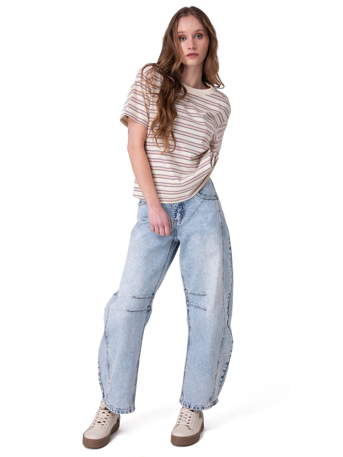 Polera Manga Corta Mujer Boxy Stripe Pocket Blanco