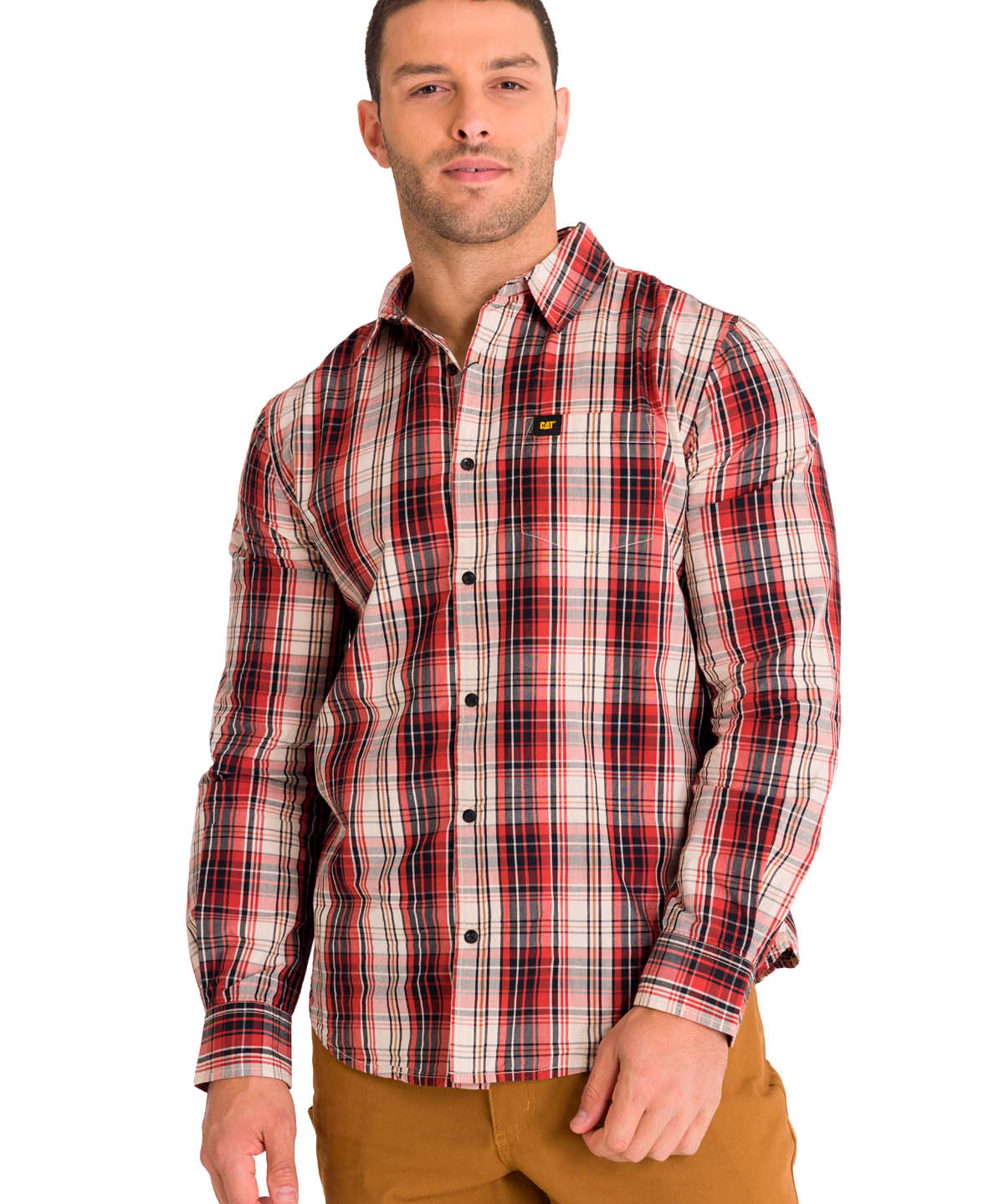 Camisa Manga Larga Casual Hombre Plaid Poplin Rojo CAT