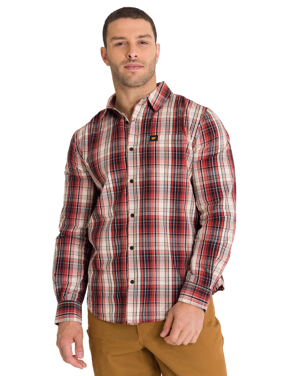 Camisa Manga Larga Casual Hombre Plaid Poplin Rojo CAT