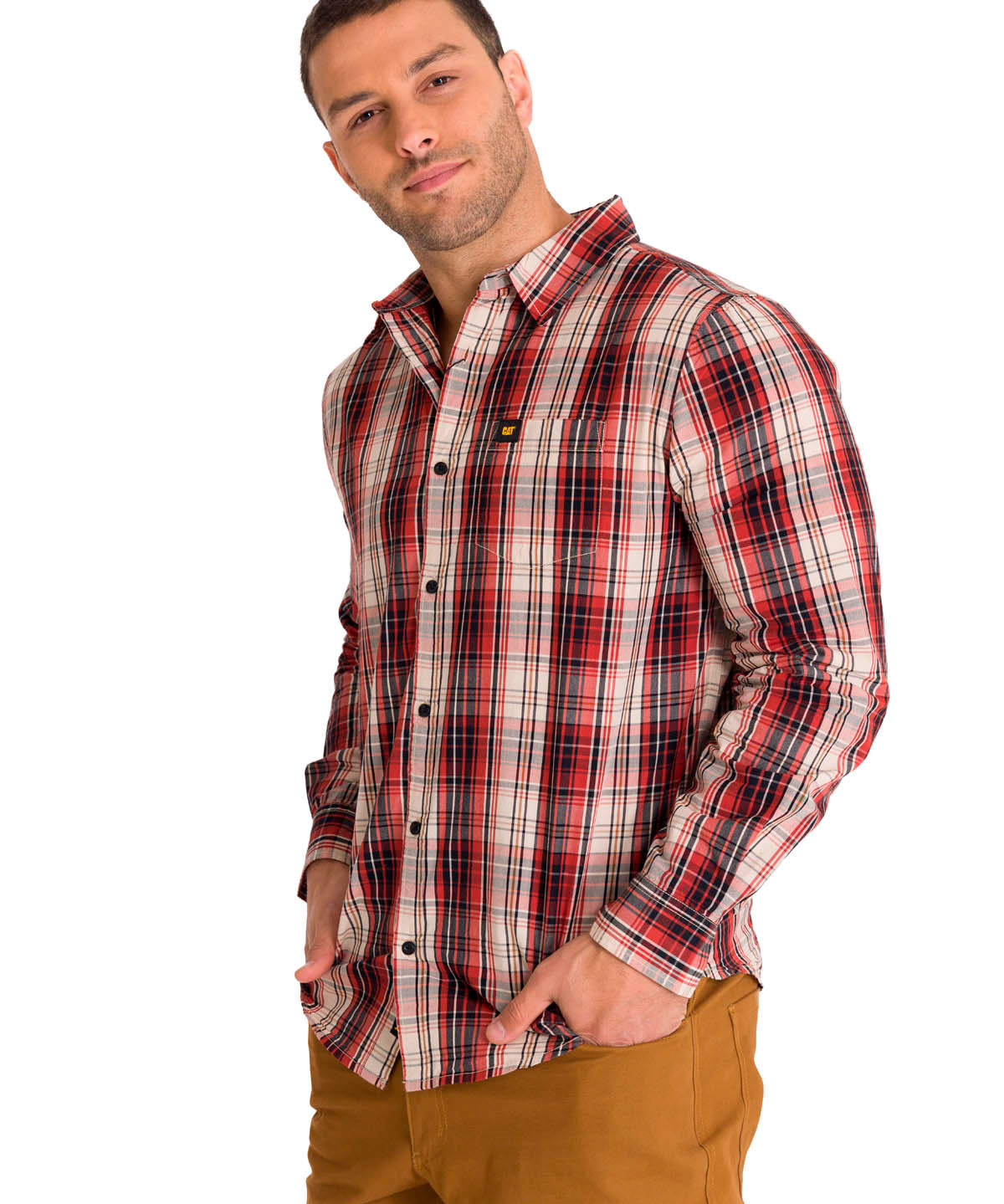 Camisa Manga Larga Casual Hombre Plaid Poplin Rojo CAT