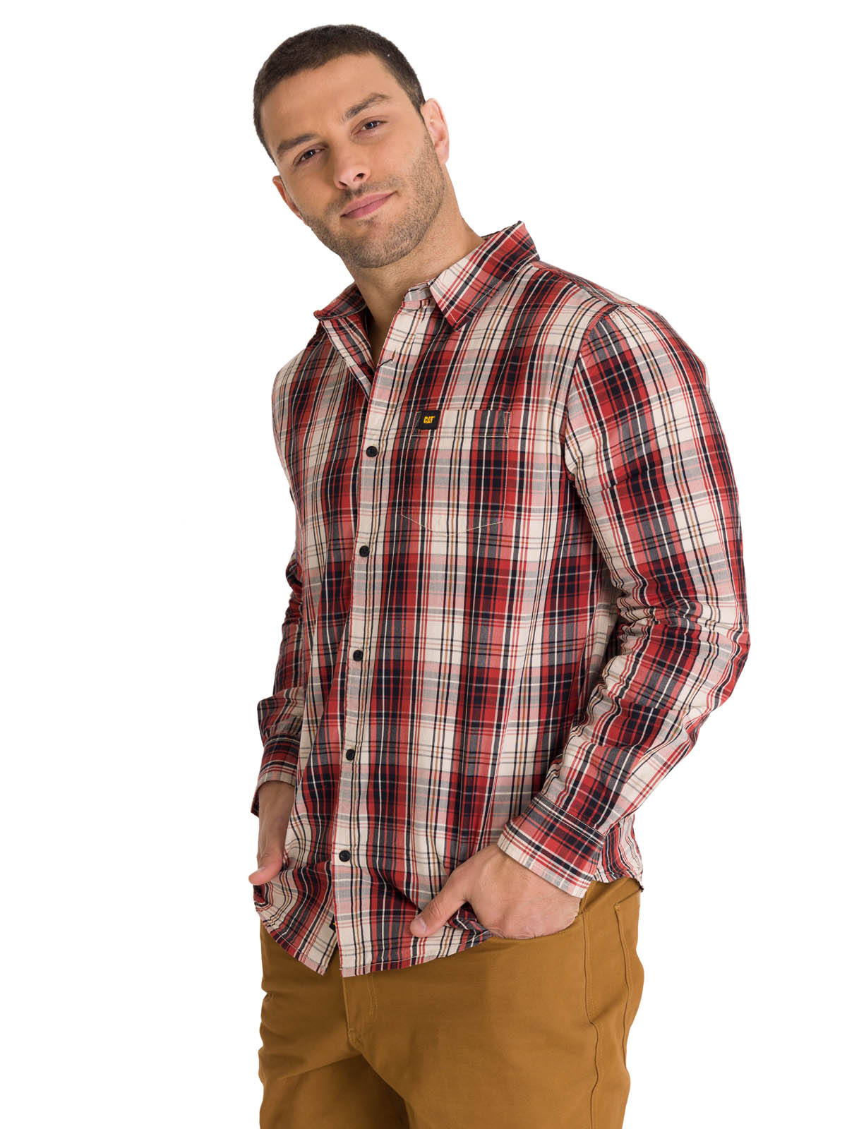 Camisa Manga Larga Casual Hombre Plaid Poplin Rojo CAT