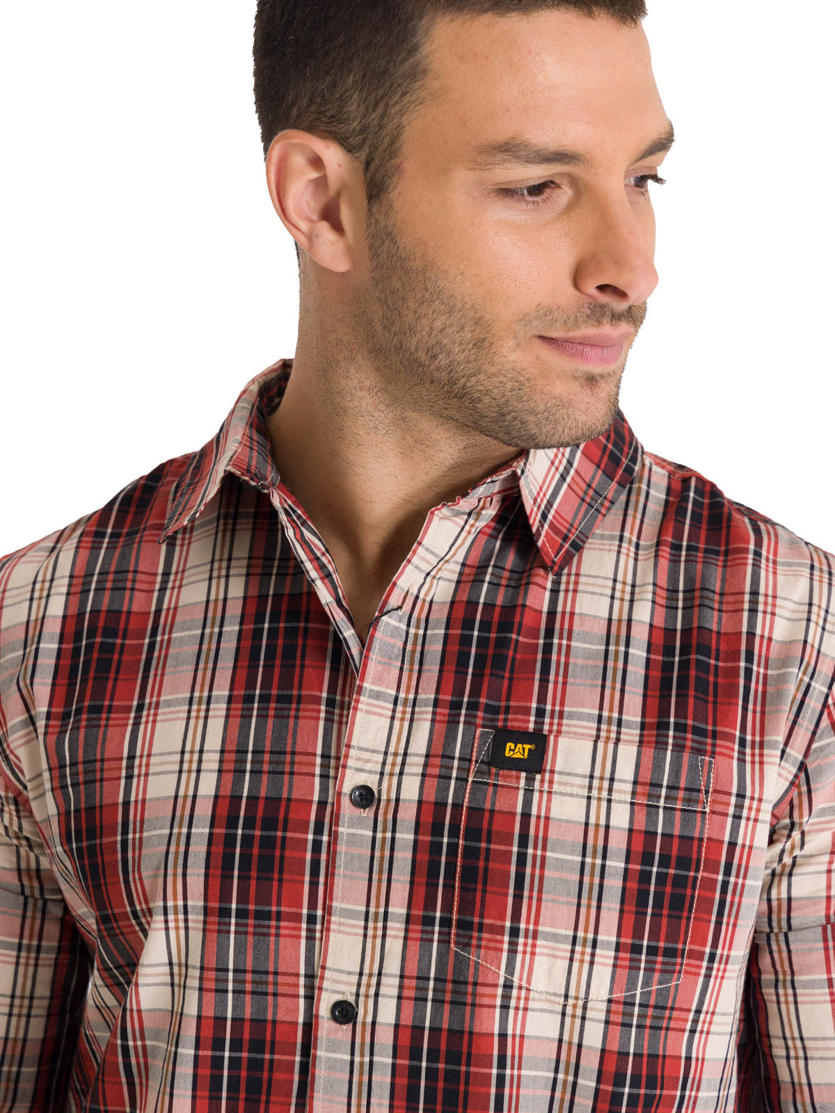 Camisa Manga Larga Casual Hombre Plaid Poplin Rojo CAT
