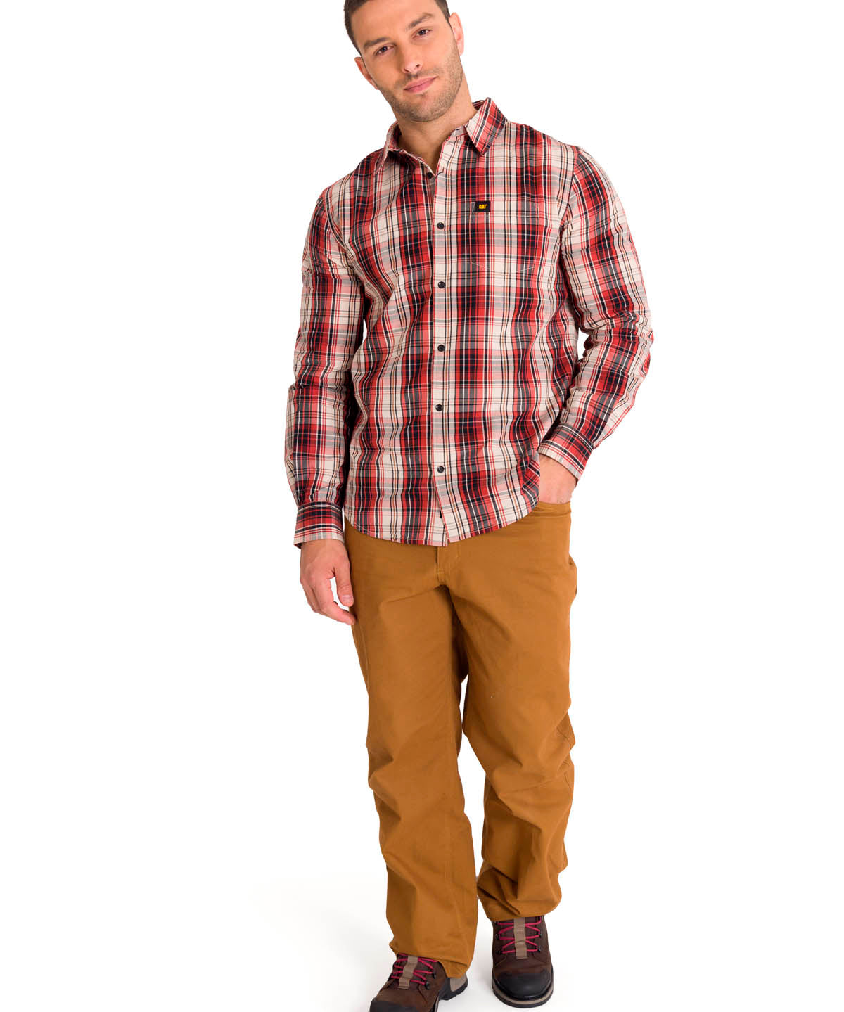 Camisa Manga Larga Casual Hombre Plaid Poplin Rojo CAT