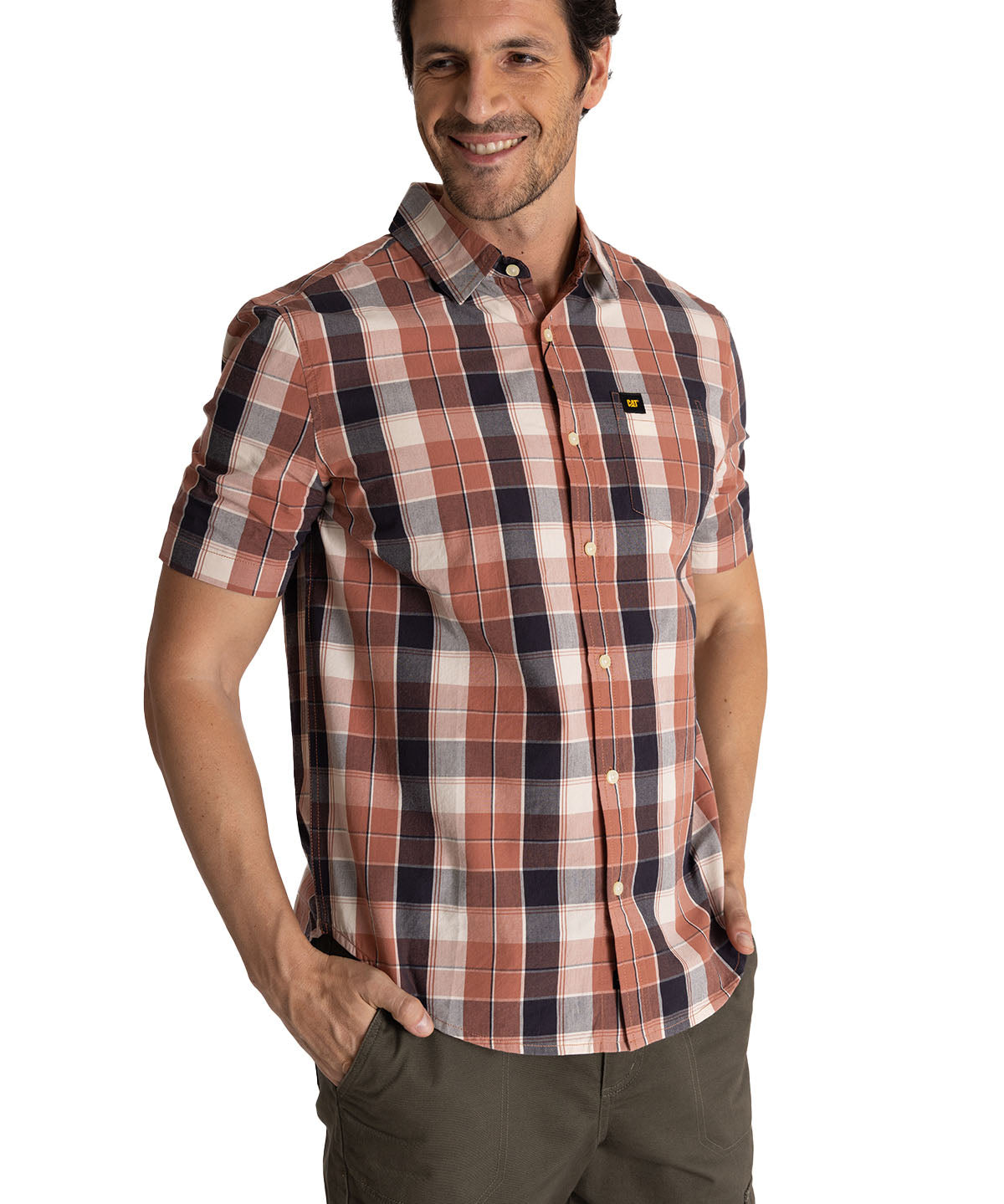 Camisa Manga Corta Hombre Plaid Poplin Terracota CAT