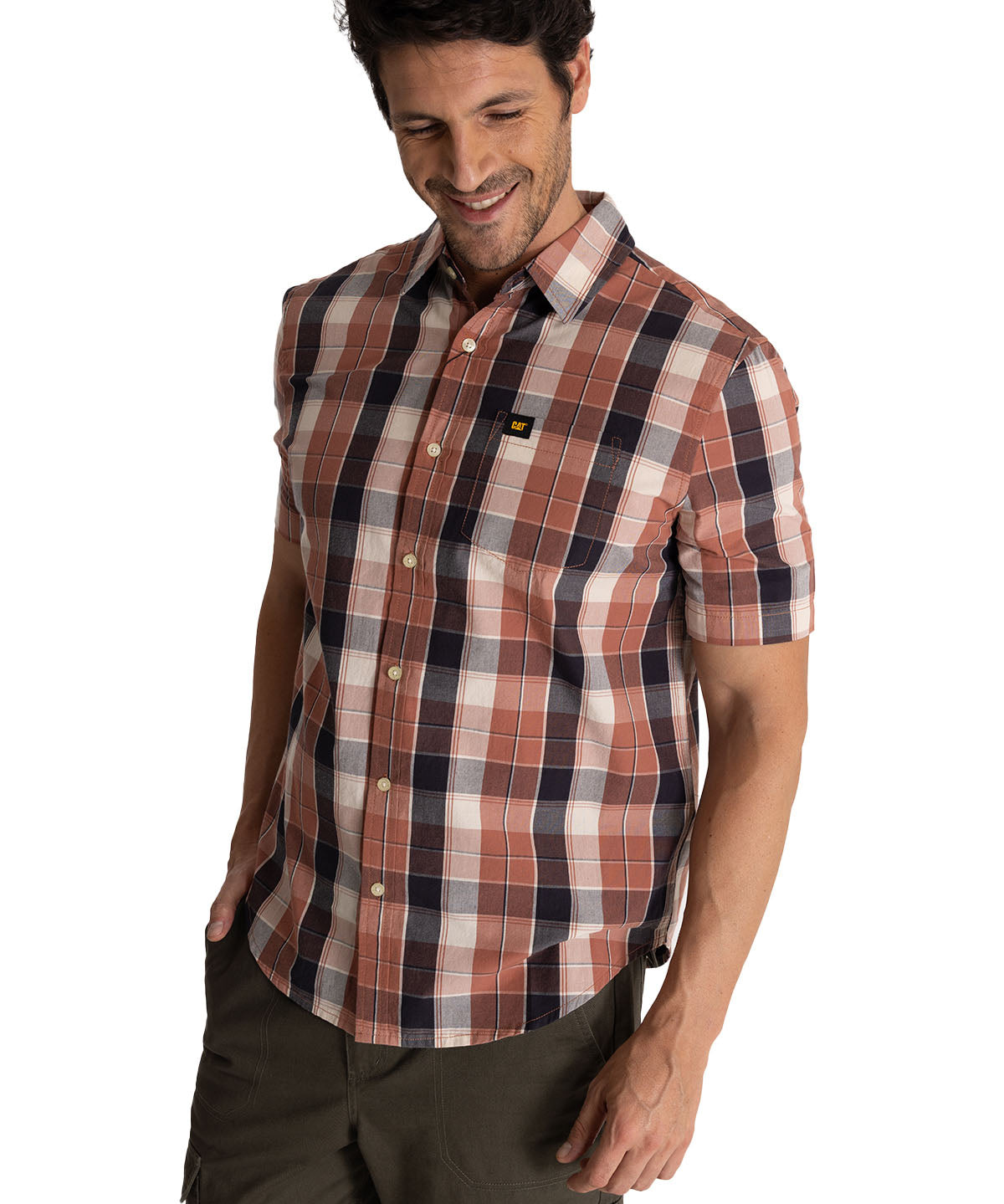 Camisa Manga Corta Hombre Plaid Poplin Terracota CAT