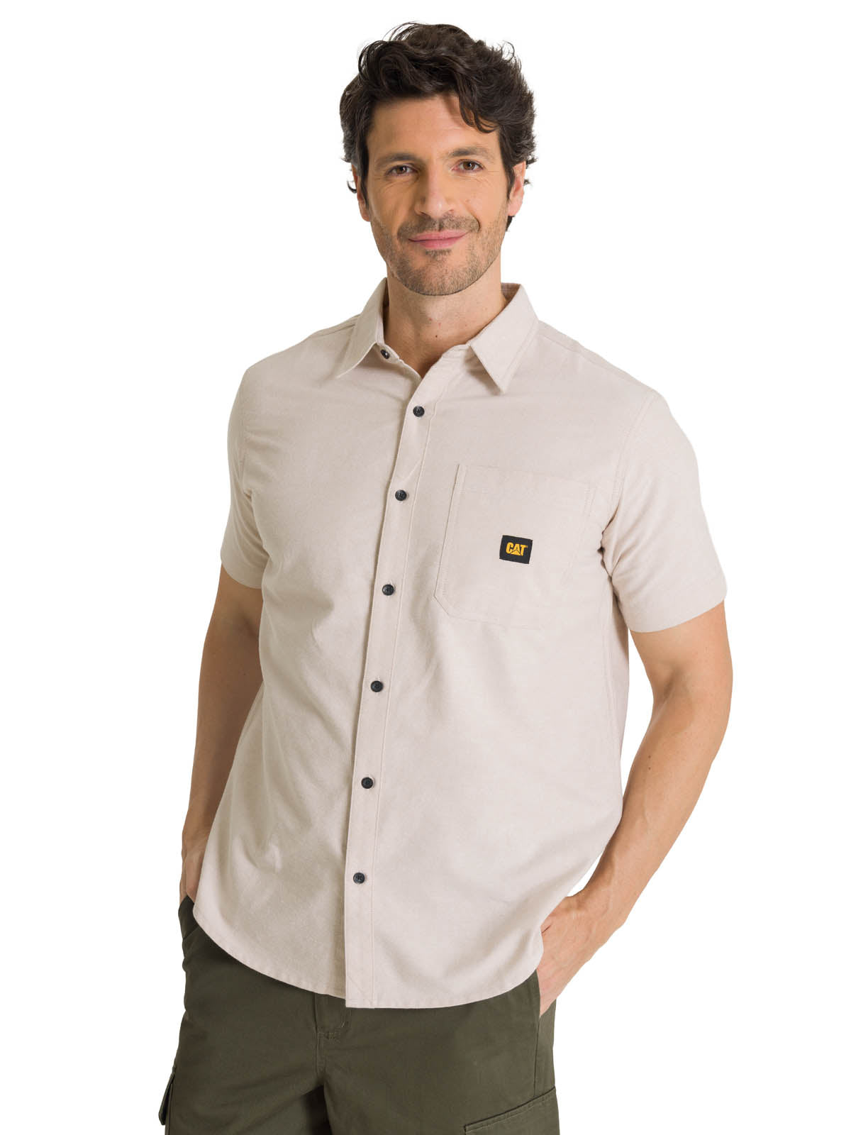 Camisa Manga Corta Hombre Oxford Relaxed Beige CAT