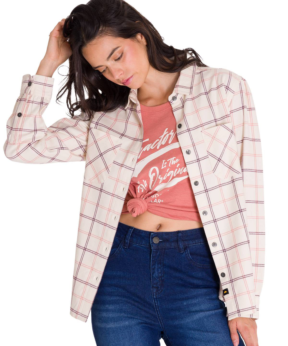 Camisa Manga Larga Mujer Flannel Relaxed L/S Rosa Pálido Cat