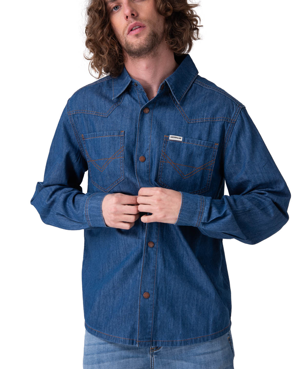 Camisa Manga Larga Hombre Denim Western Azul