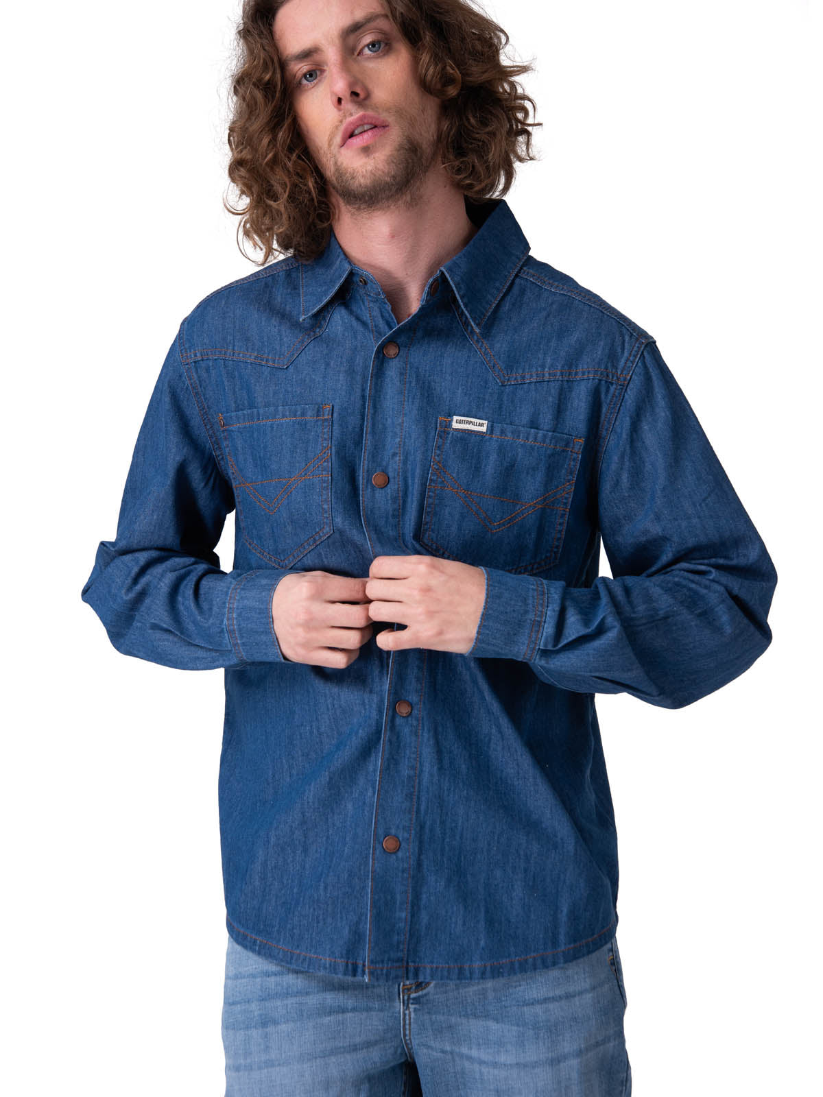 Camisa Manga Larga Hombre Denim Western Azul