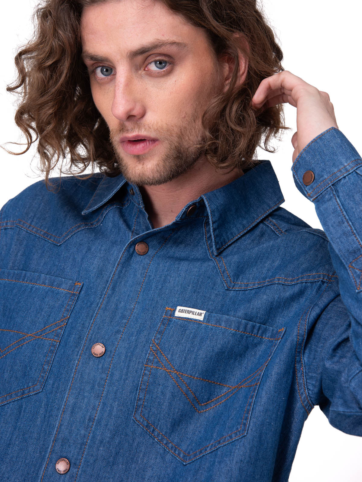 Camisa Manga Larga Hombre Denim Western Azul