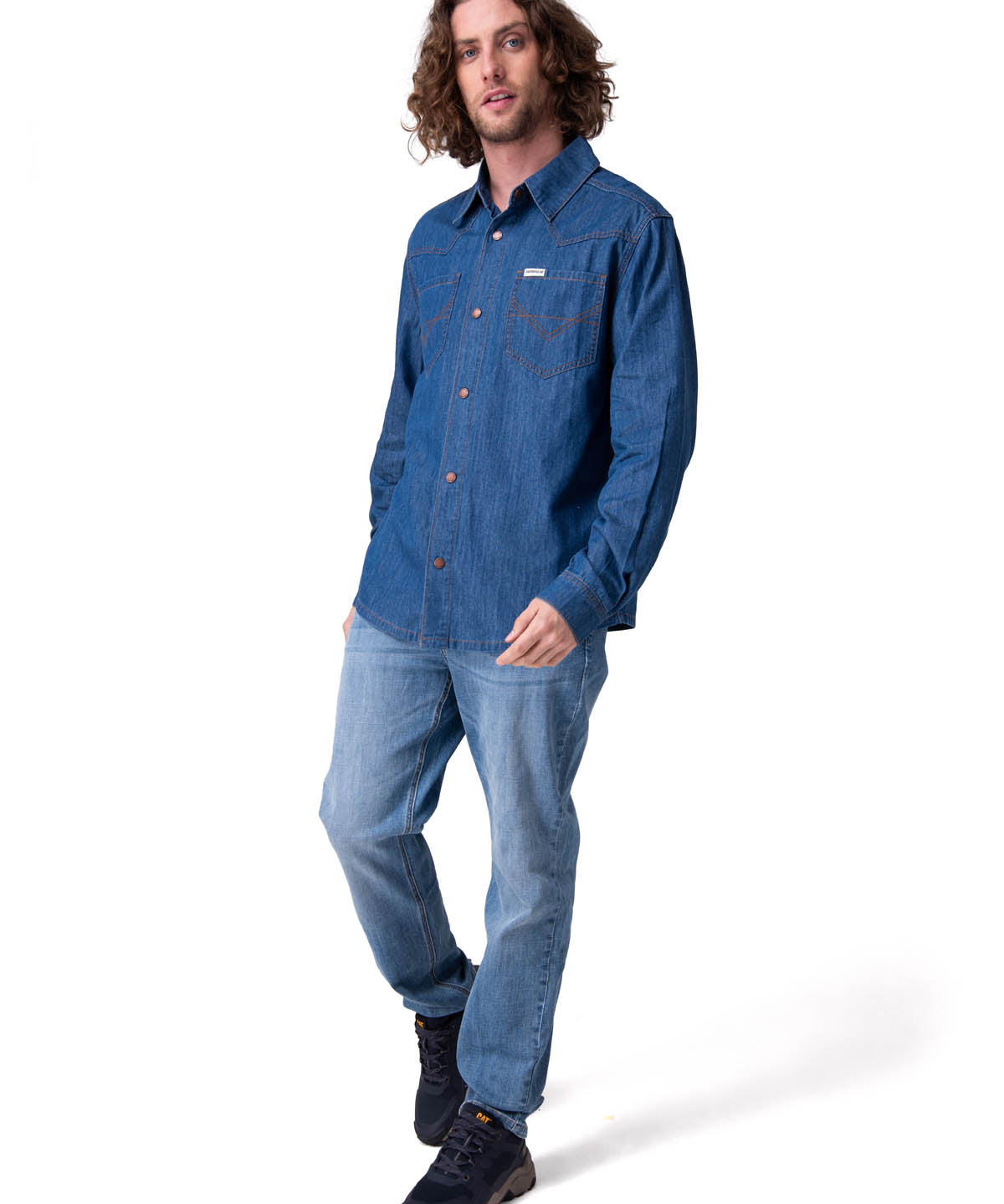 Camisa Manga Larga Hombre Denim Western Azul