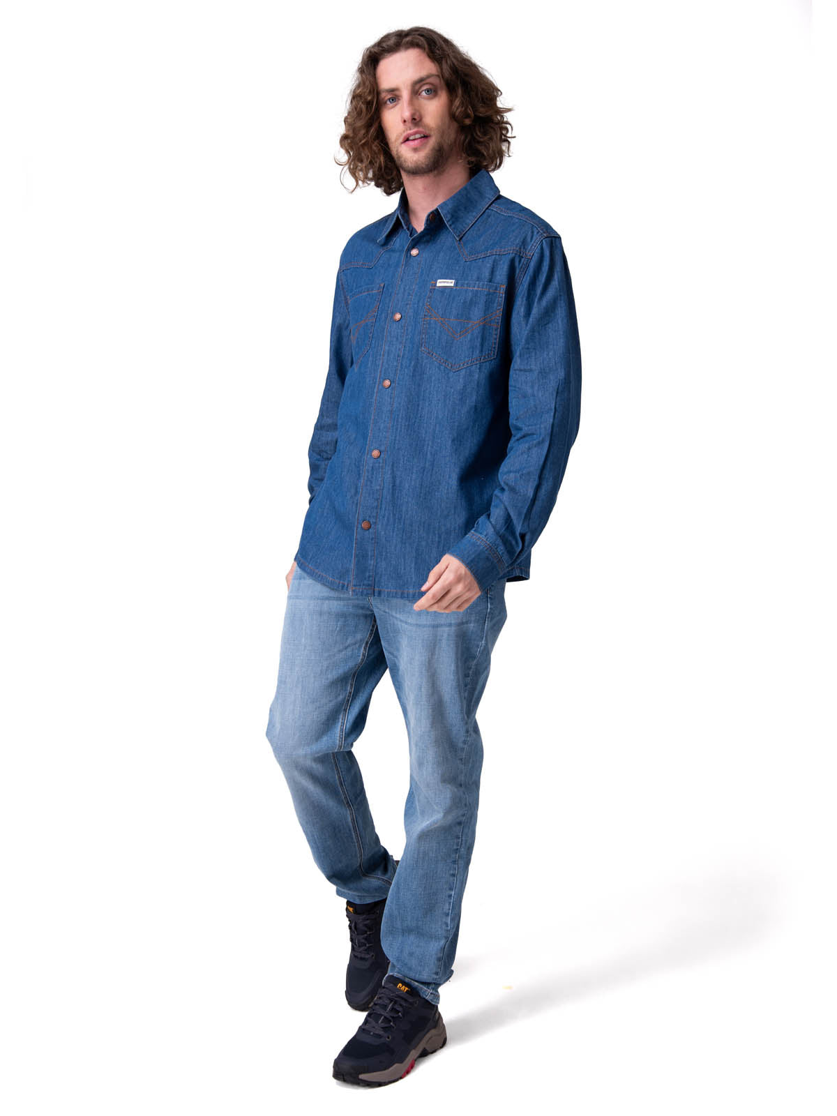 Camisa Manga Larga Hombre Denim Western Azul