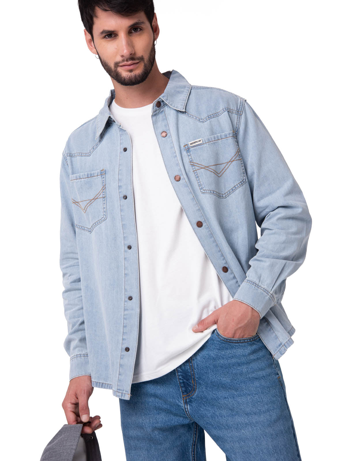 Camisa Denim Manga Larga Hombre Western Celeste Cat
