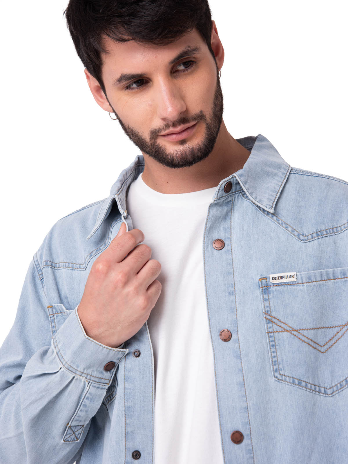 Camisa Denim Manga Larga Hombre Western Celeste Cat