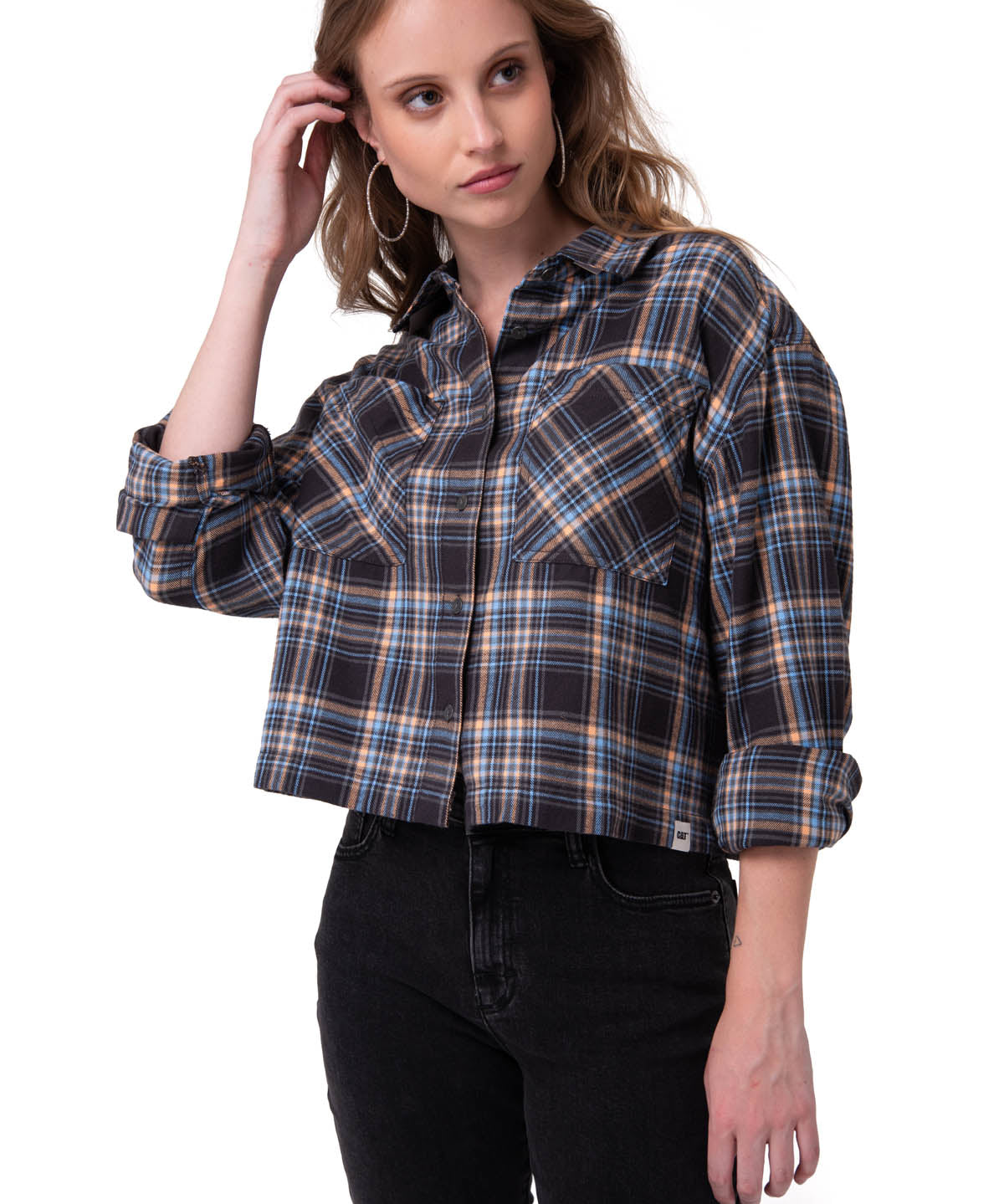 Camisa Manga Larga Mujer Cropped Flannel Negro Cat