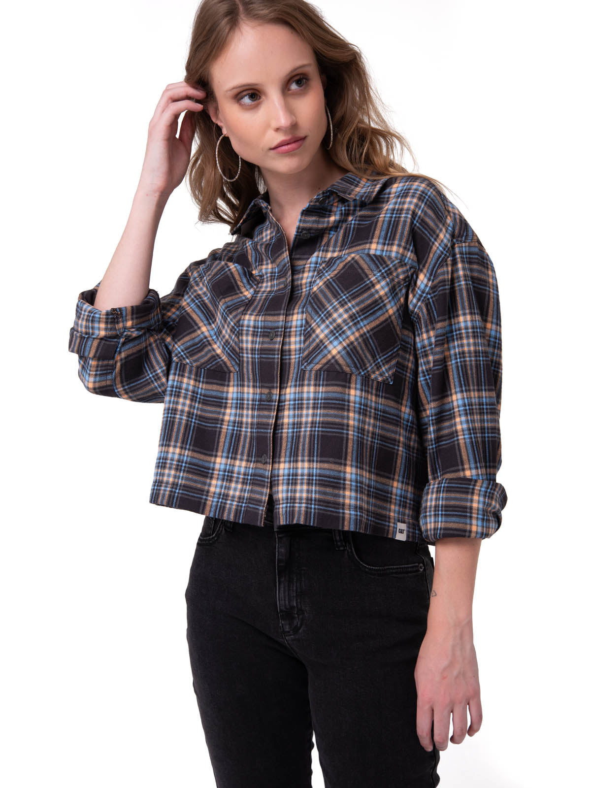 Camisa Manga Larga Mujer Cropped Flannel Negro Cat